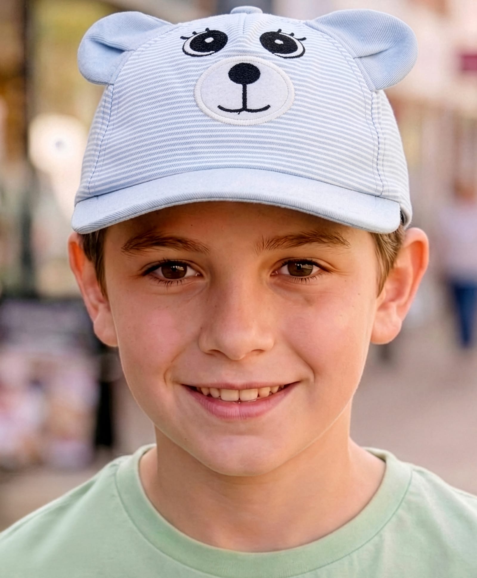 Babyhug Cotton Woven Striped Baseball Cap With Bear Embroidery & Ear Applique Light Blue - Diameter 14.5 cm-image-4
