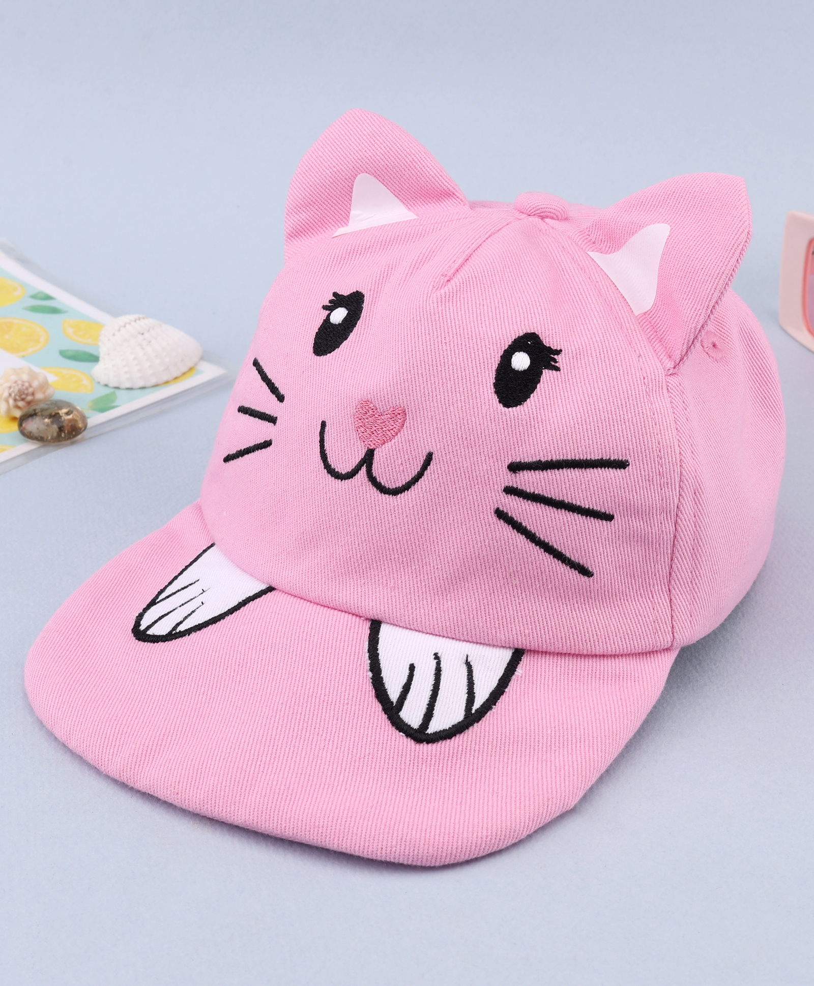 Babyhug Woven Baseball Cap With Kitty Face Face Embroidery - Pink-picture-30