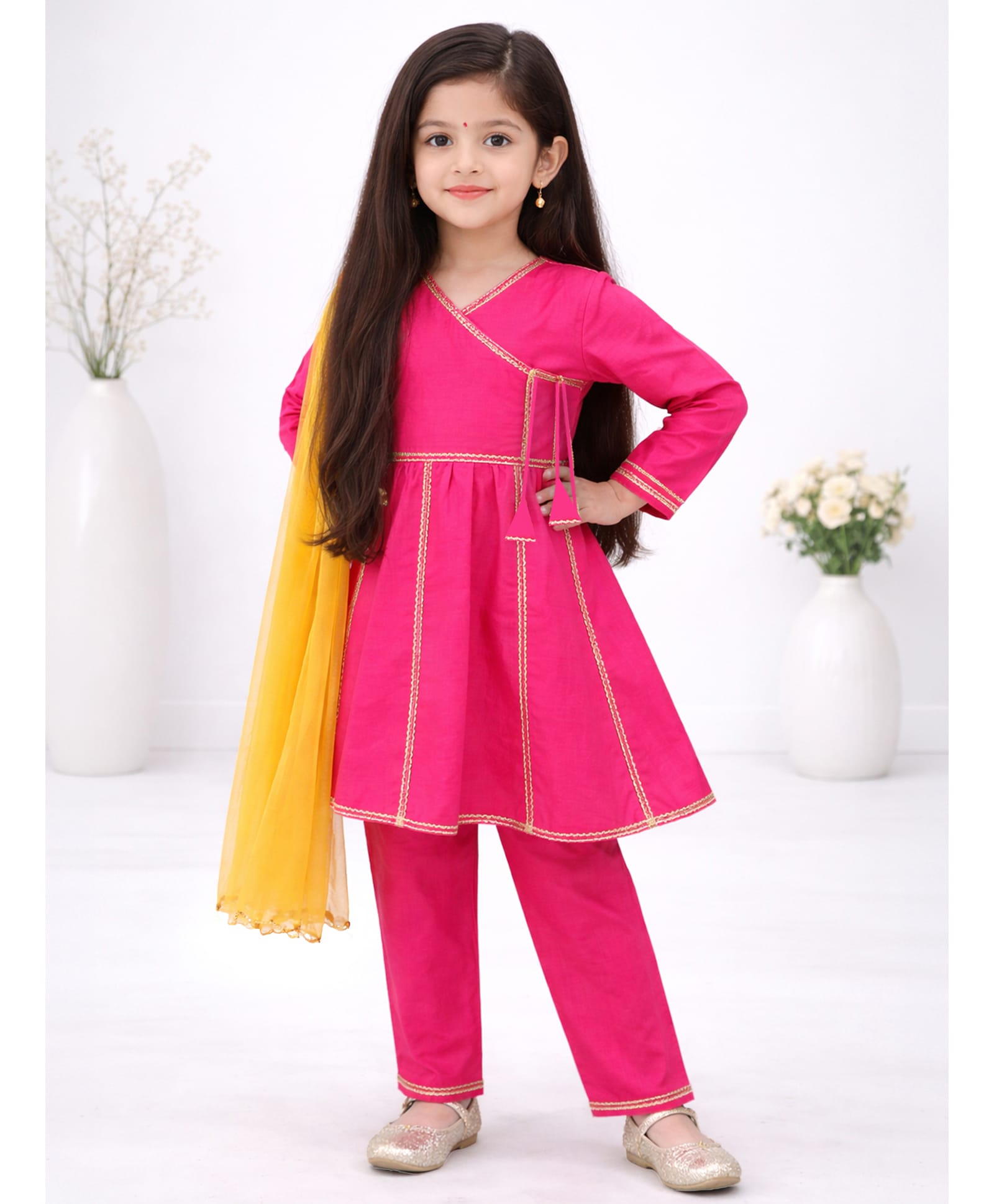 Little Ginnie Cotton Woven Full Sleeves Lace Embellished Anarkali Kurti Pyjama Set With Dupatta - Pink-picture-26
