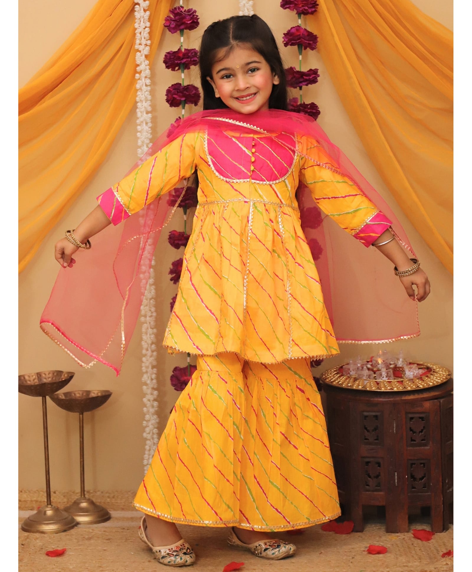 Little Ginnie Cotton Woven Three Fourth Sleeves Gota Lace Embellished Leheriya Printed Coordinating Kurti Sharara Set With Dupatta - Yellow-picture-19