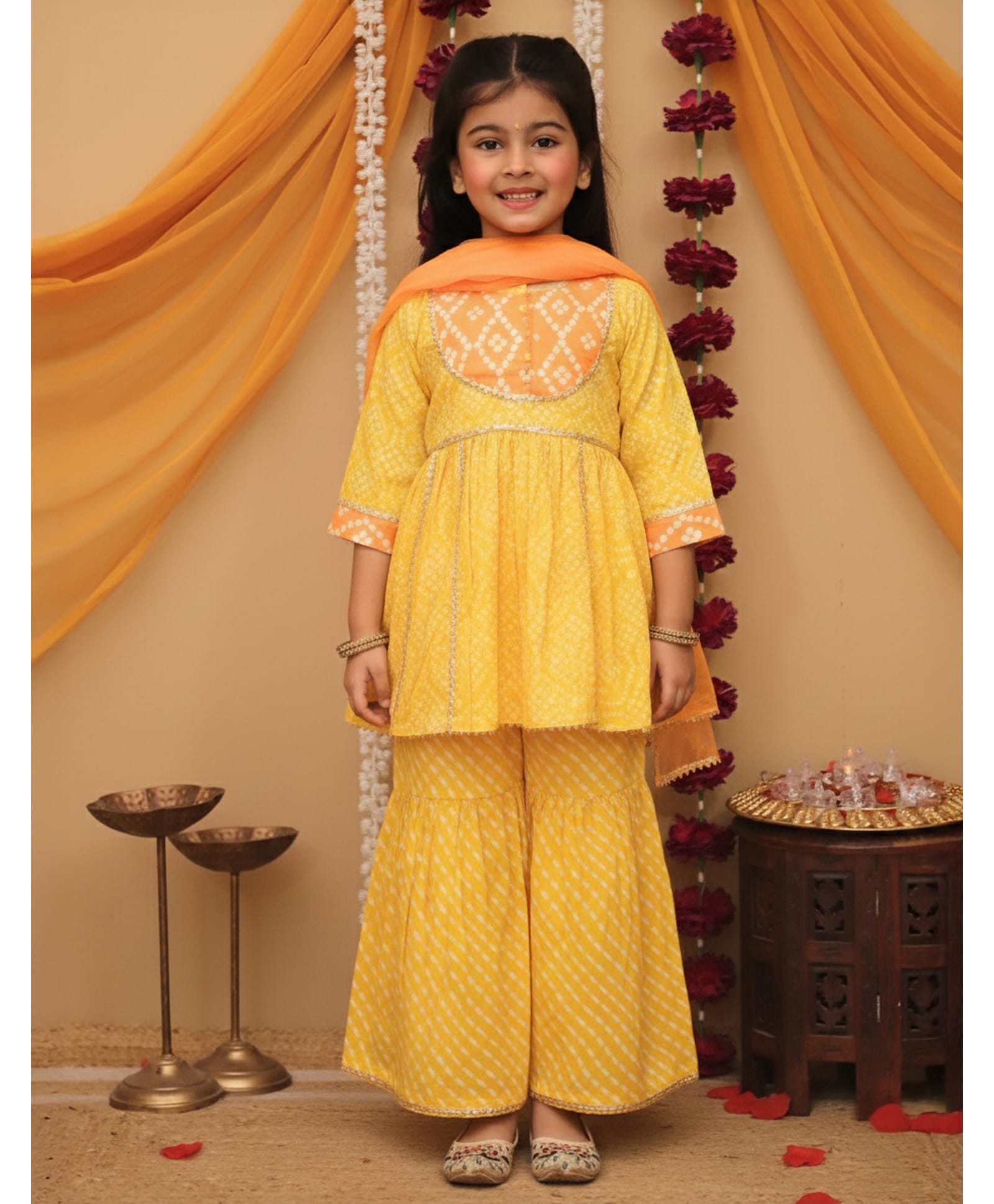 Little Ginnie Cotton Woven Three Fourth Sleeves Gota Lace Embellished Bandhani Printed Coordinating Kurti Sharara Set With Dupatta - Yellow-picture-21