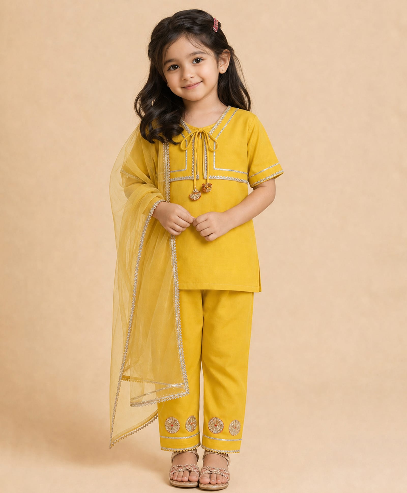 Little Ginnie Cotton Woven Half Sleeves Gota Patti Embellished & Tassels Detailed Kurti Pyjama Set With Dupatta - Yellow-image-27