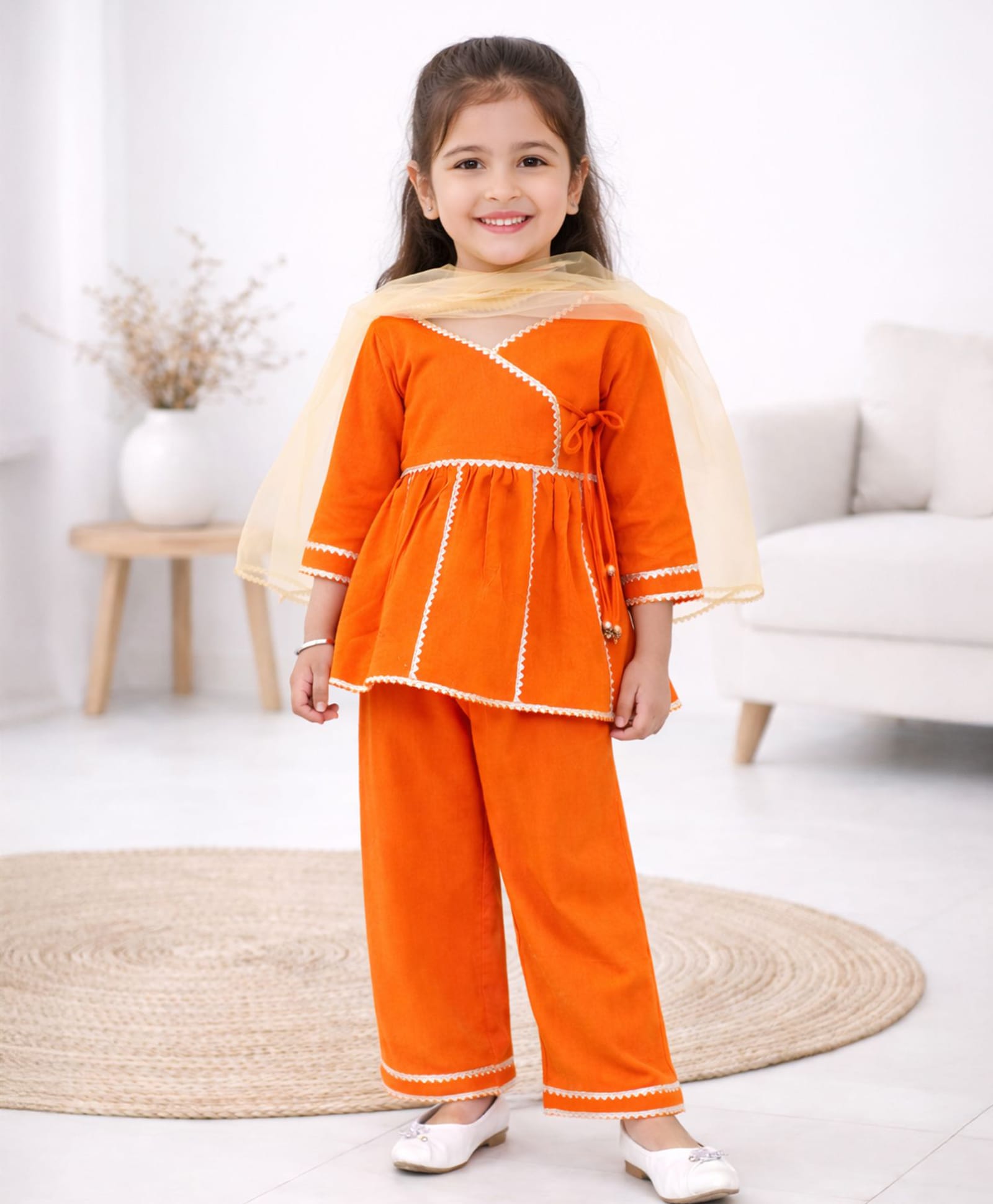 Little Ginnie Cotton Woven Three Fourth Sleeves Gota Lace Embellished Kurti & Pant With Dupatta Set - Orange-image-23