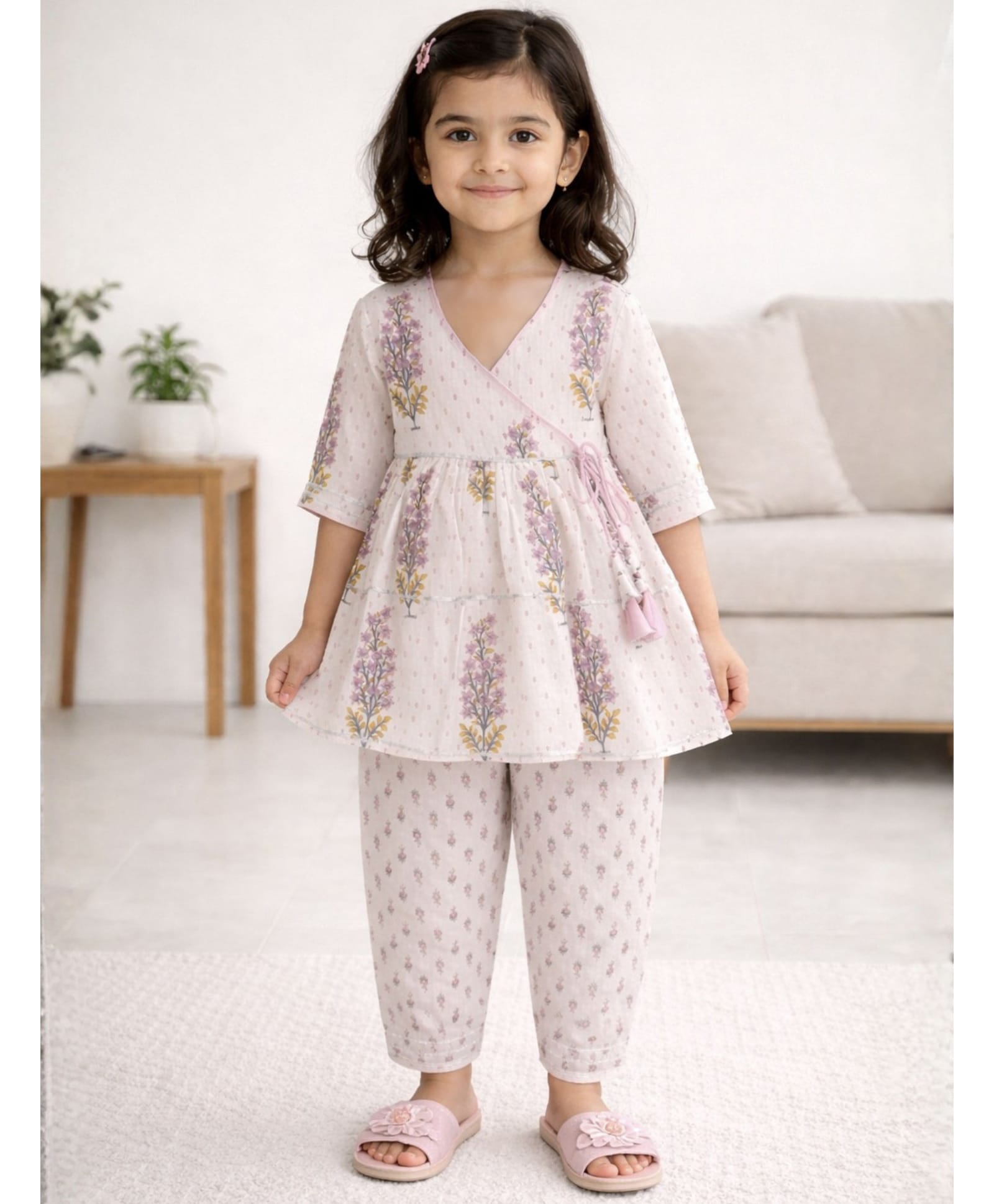 Little Ginnie Cotton Woven Three Fourth Sleeves Gota Patti Embellished & Floral Printed Angrakha Kurti Pyjama Set - White-image-24