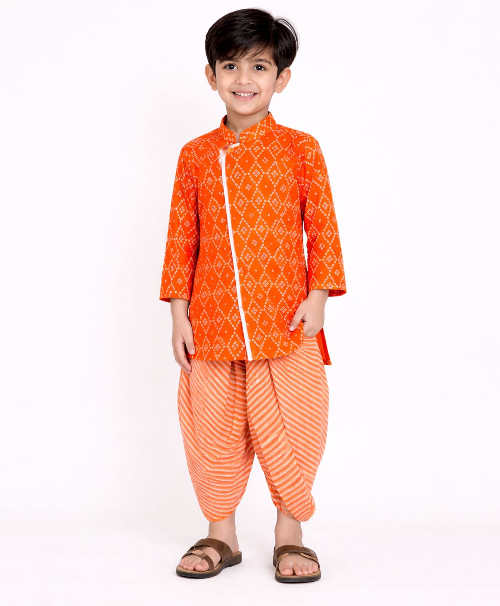 Little Ginnie Cotton Woven Full Sleeves Bandhani Printed Kurta & Dhoti Set - Orange-picture-35