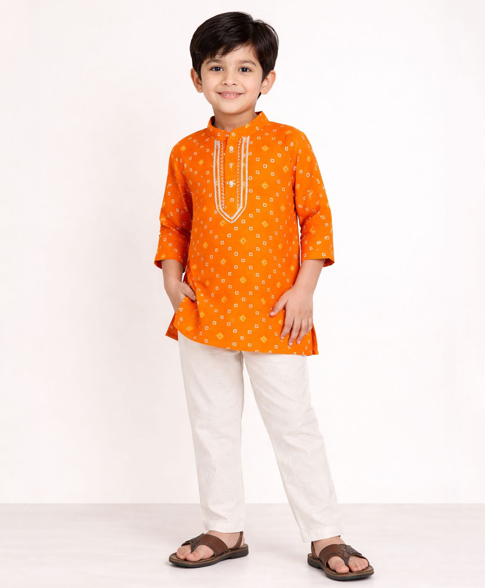Little Ginnie Cotton Woven Full Sleeves Bandhani Printed Kurta & Pyjama Set - Orange-image-12