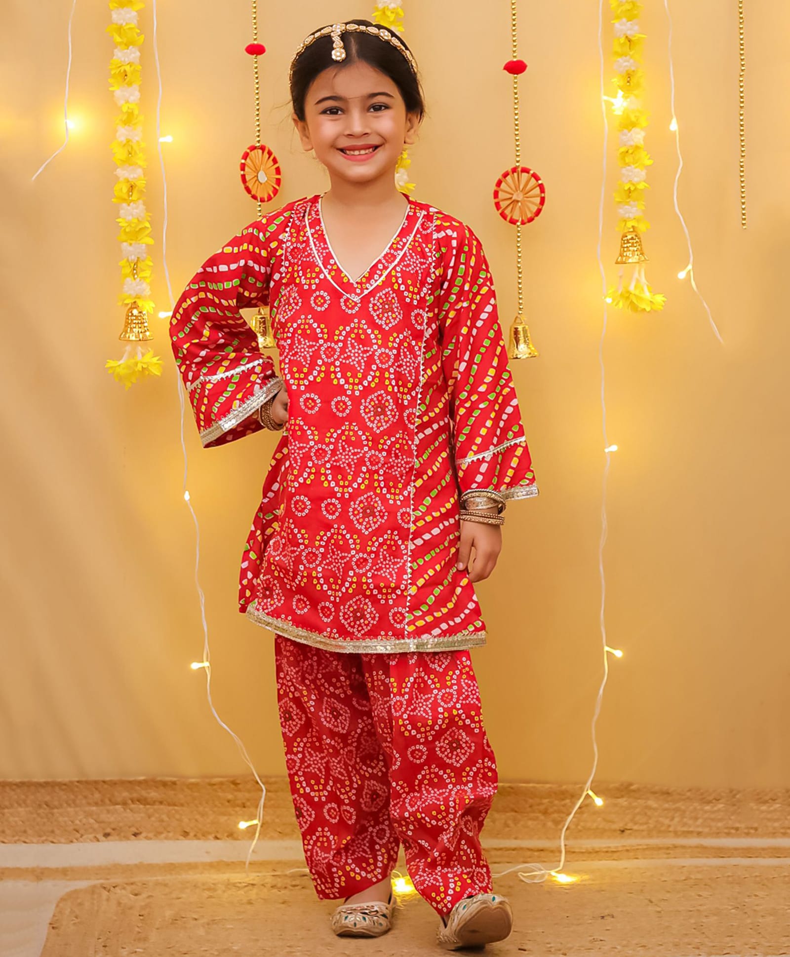 Little Ginnie Cotton Woven Full Sleeves Gota Lace Embellished Kurti & Pant Set - Red-picture-28