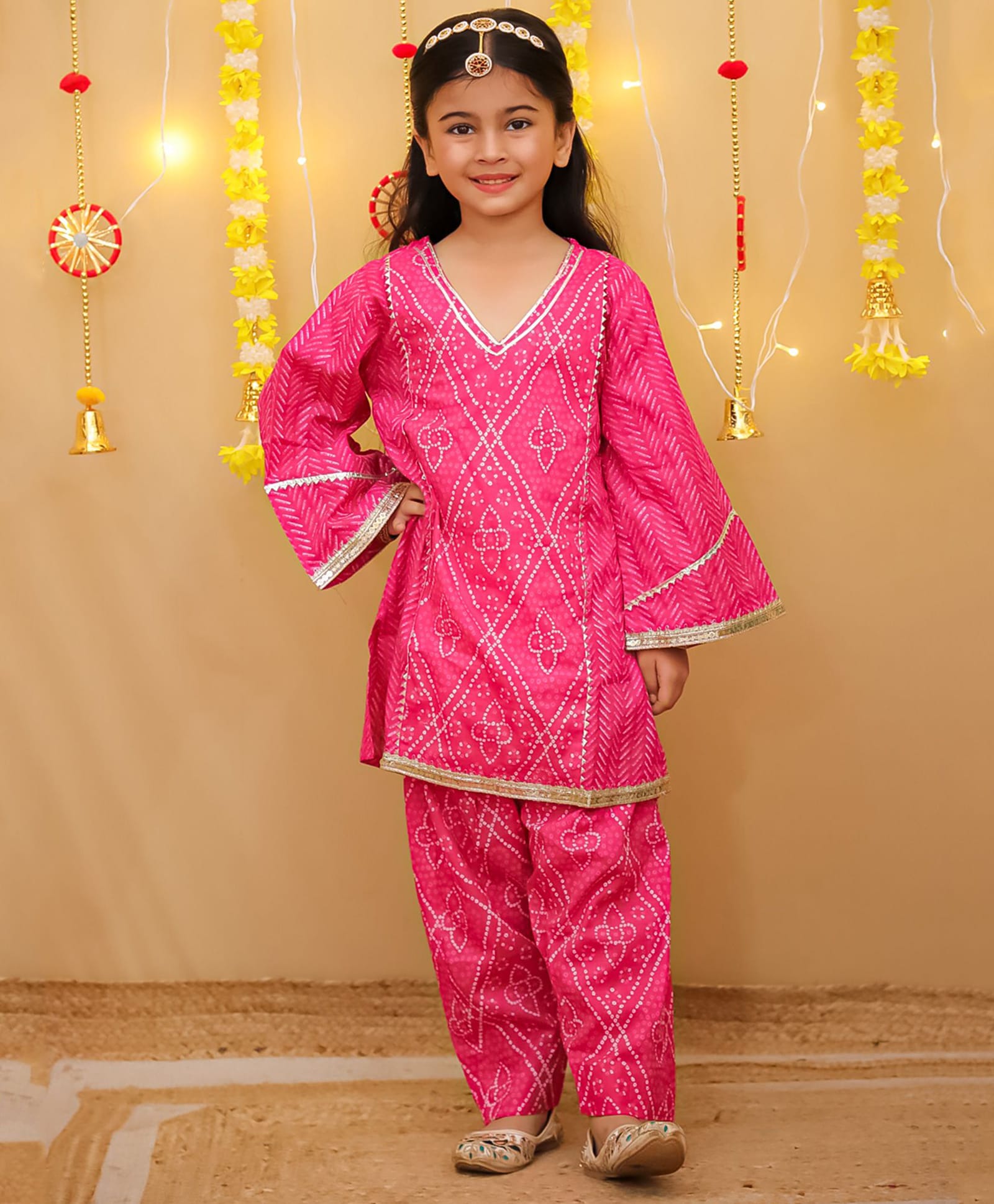 Little Ginnie Cotton Woven Full Sleeves Bandhani & Gota Lace Embellished Kurti & Pant Set - Pink-picture-25