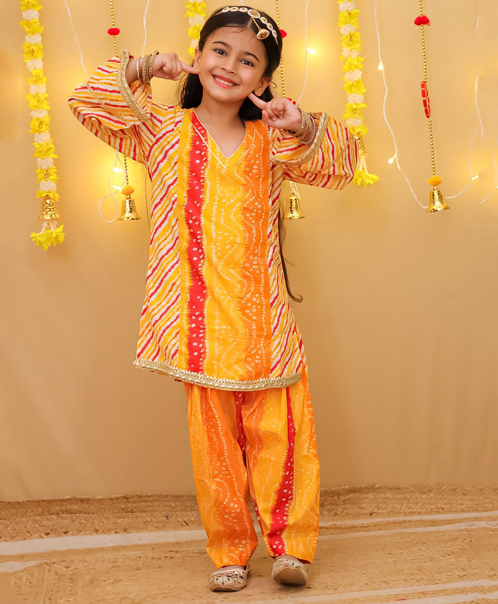Little Ginnie Cotton Woven Full Sleeves Bandhani & Gota Lace Embellished Kurti & Pant Set - Yellow-picture-26