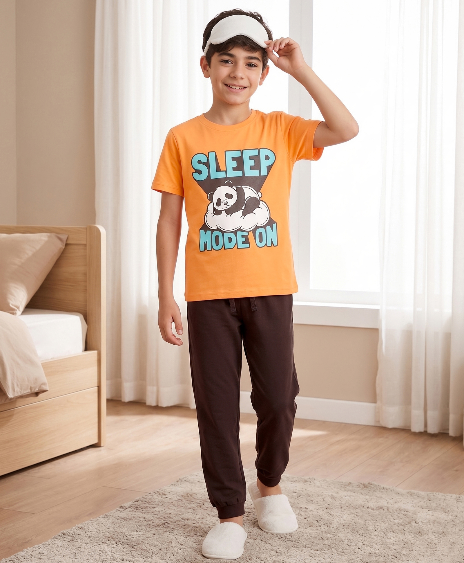 Pine Kids Cotton Knit Half Sleeves T-Shirt & Pyjama Night Suit With Panda & Text Print - Orange & Black-picture-29