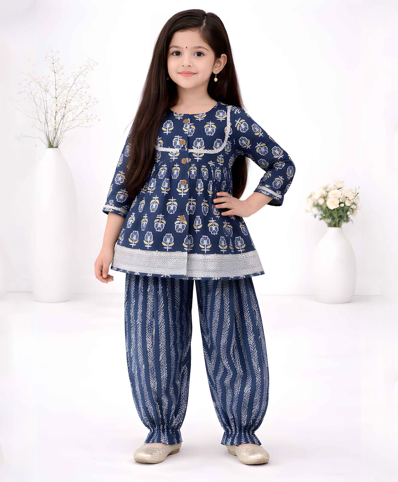 Little Ginnie Cotton Woven Three Fourth Sleeves Floral Printed Kurti & Salwar Set - Indigo-image-31