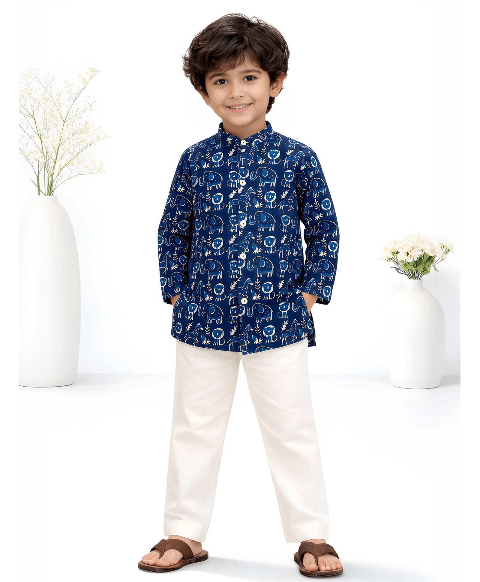 Little Ginnie Cotton Woven Full Sleeves Animals Printed Kurta & Pyjama Set - Indigo-picture-33