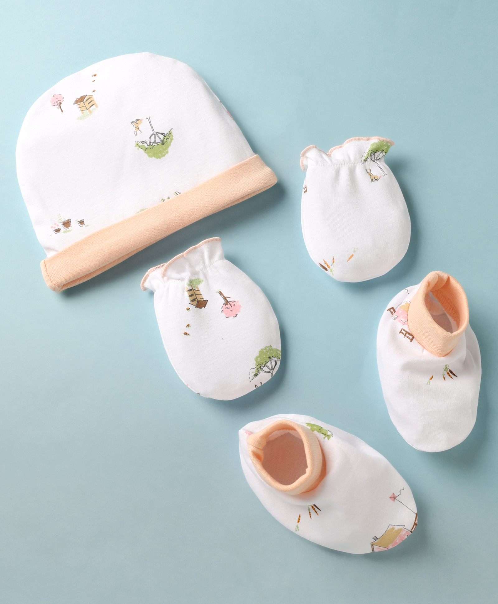 Babyhug 100% Cotton Interlock Knit Cap Mittens & Booties With Tree Home Print White - Diameter 16 cm-image-20