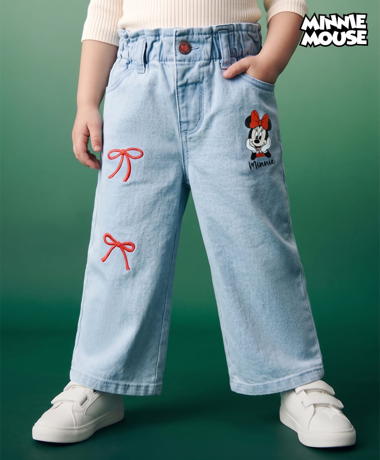 Babyhug Disney Denim Woven Full Length Jeans With Minnie Mouse Graphic & Bow Embroidery - Light Blue-picture-11