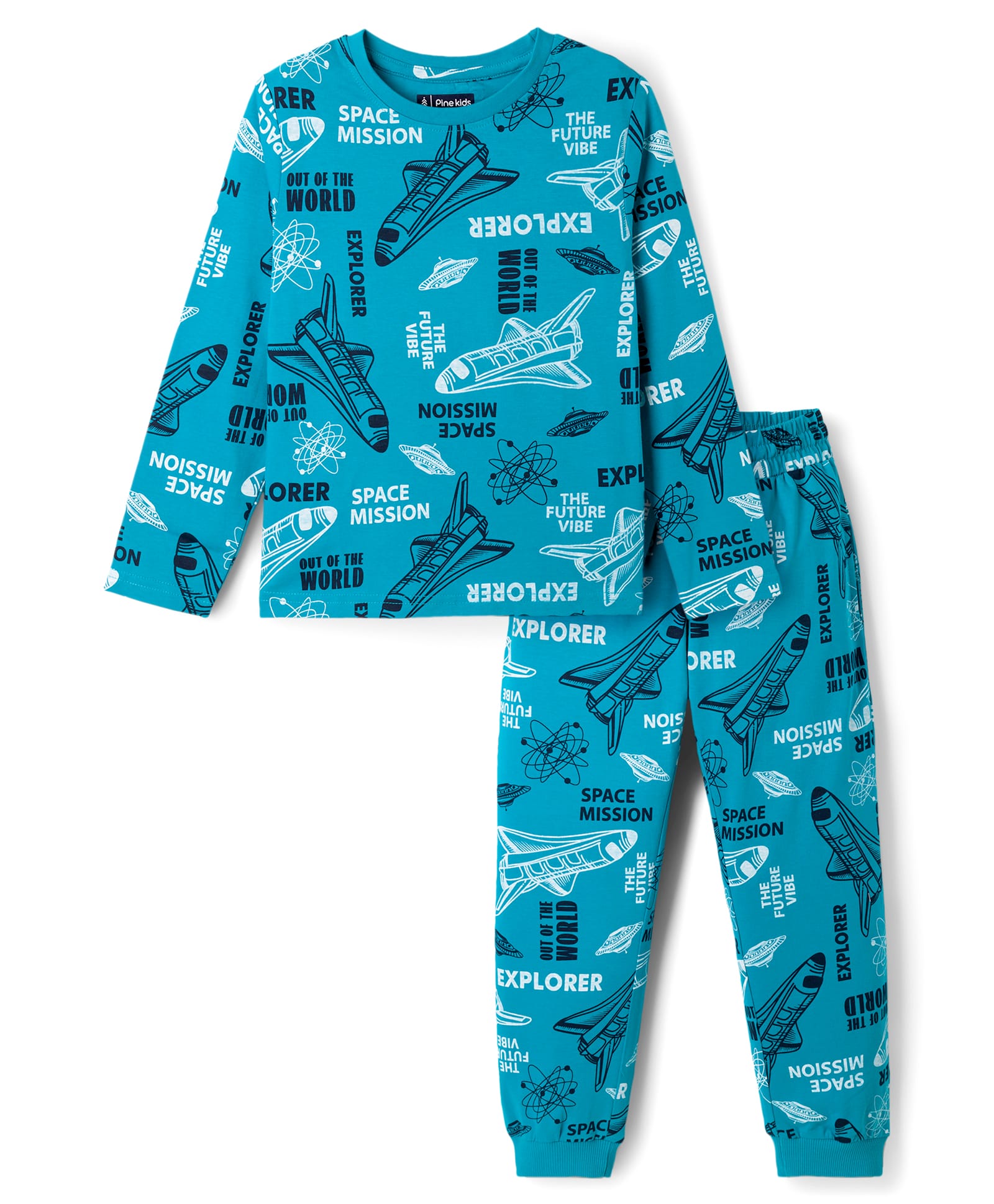 Pine Kids Cotton Knit Full Sleeves T-Shirt & Pyjama Co-Ord Night Suit With Space Theme - Blue-image-37