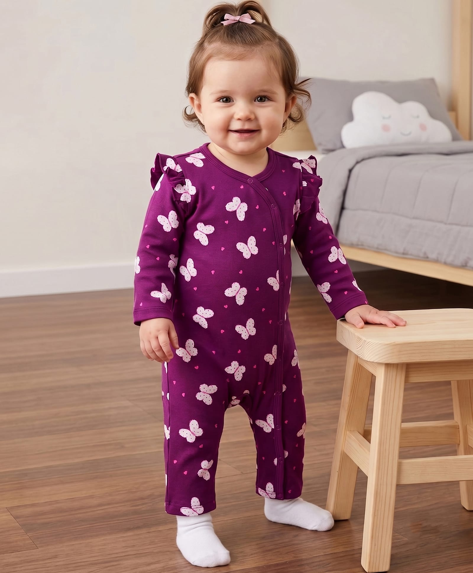 Doodle Poodle Interlock Knit 100% Cotton Full Sleeves Butterfly Printed Romper - Purple-picture-41