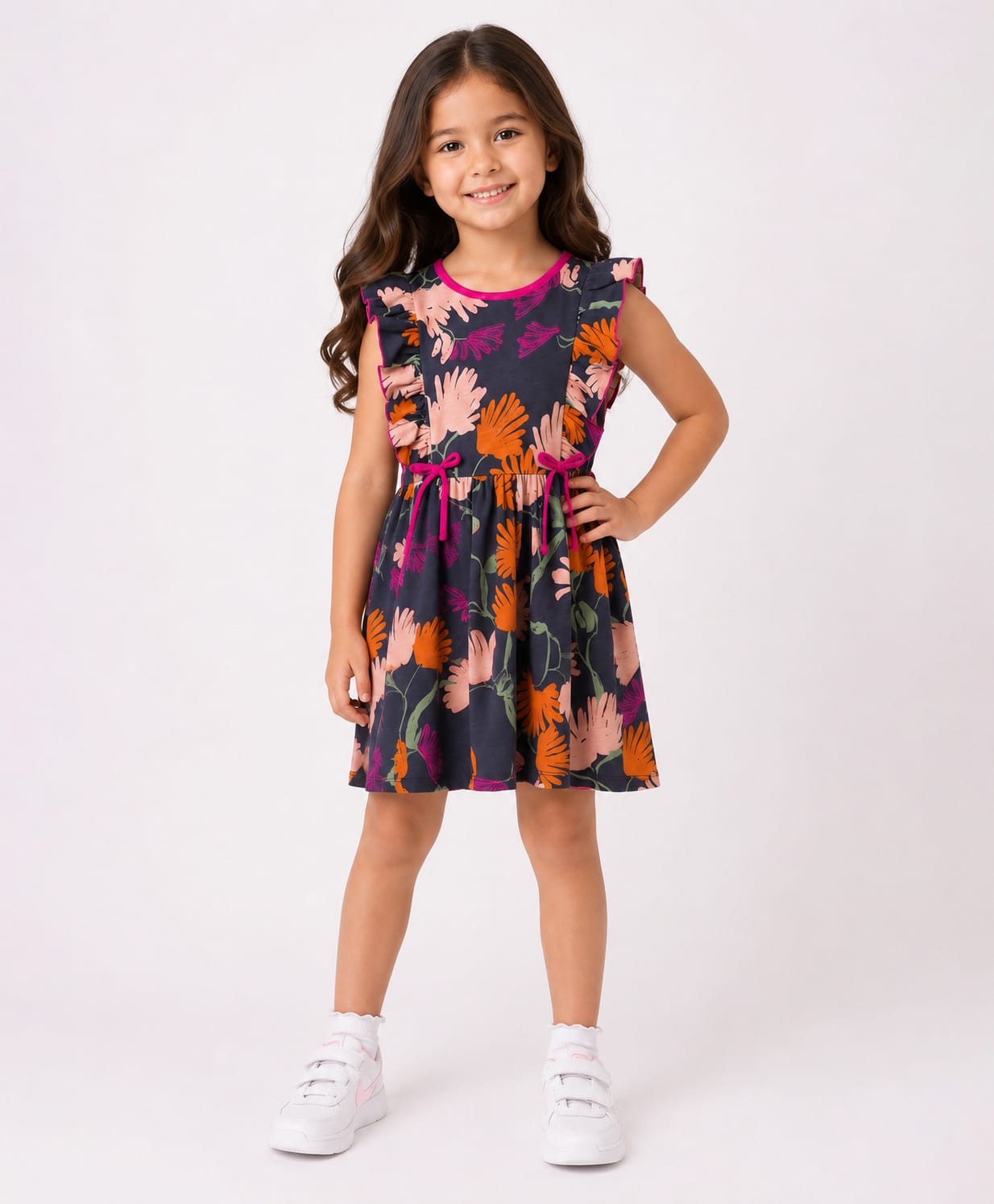 CrayonFlakes Cotton Knit Sleeveless Floral Printed Frill Detailed Dress - Navy Blue-picture-4