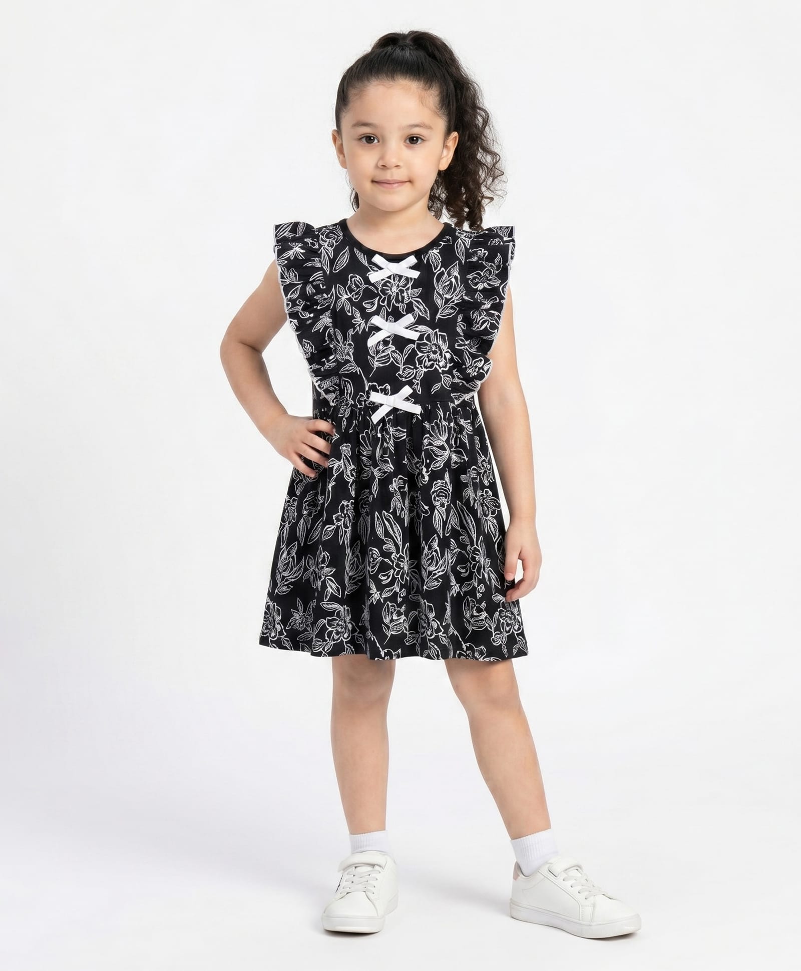 CrayonFlakes Cotton Knit Sleeveless Floral Printed Frill Detailed Dress - Black-image-33
