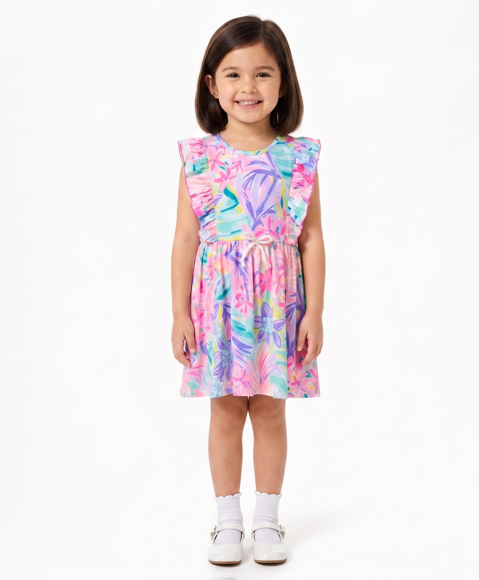 CrayonFlakes Cotton Knit Sleeveless Floral Printed Frill & Bow Applique Detailed Dress - Pink-picture-40