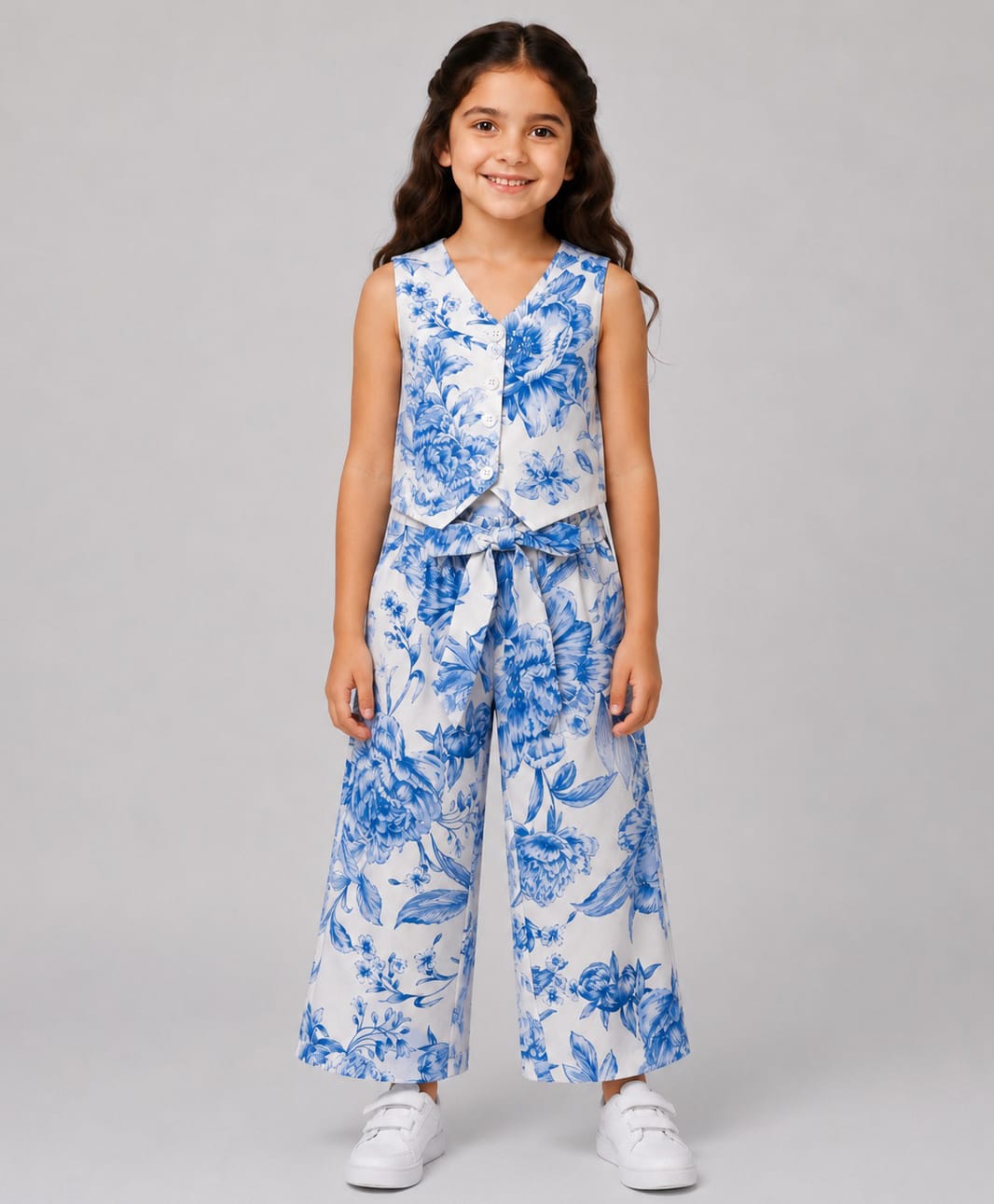 CrayonFlakes Rayon Woven Floral Printed Coordinating Waistcoat Style Top & Palazzo Set - White-picture-15