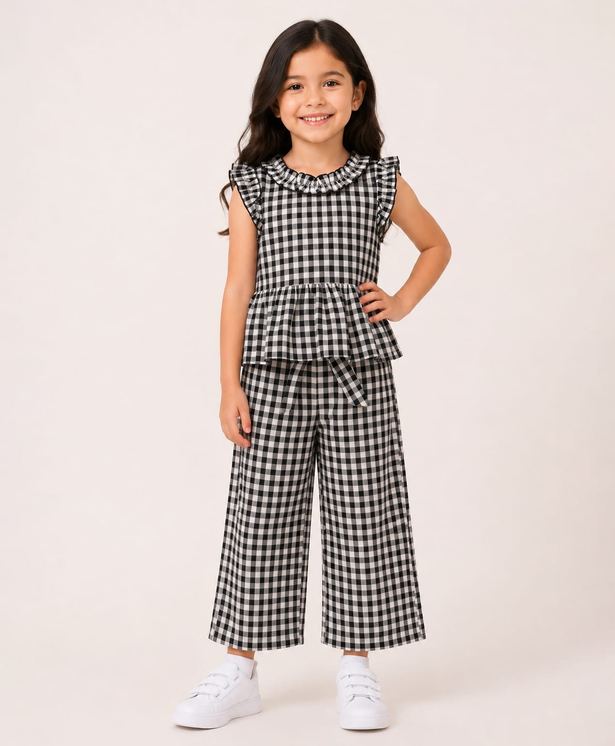 CrayonFlakes Cotton Woven Sleeveless Frill Detailed & Coordinating Checked Top & Palazzo Set - Black-picture-17
