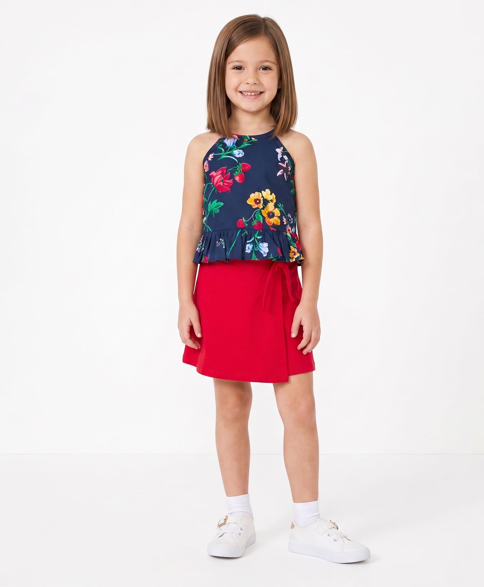 CrayonFlakes Cotton Woven Sleeveless Floral Printed Top & Skort Set - Navy Blue-picture-47