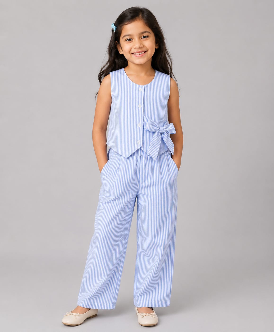 CrayonFlakes Cotton Woven Sleeveless Striped & Bow Applique Detailed Coordinating Top & Pants Set - Blue-picture-16
