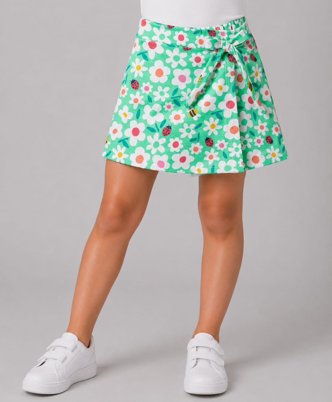 CrayonFlakes Cotton Knit Floral Printed Bow Applique Detailed Skort - Green-picture-45