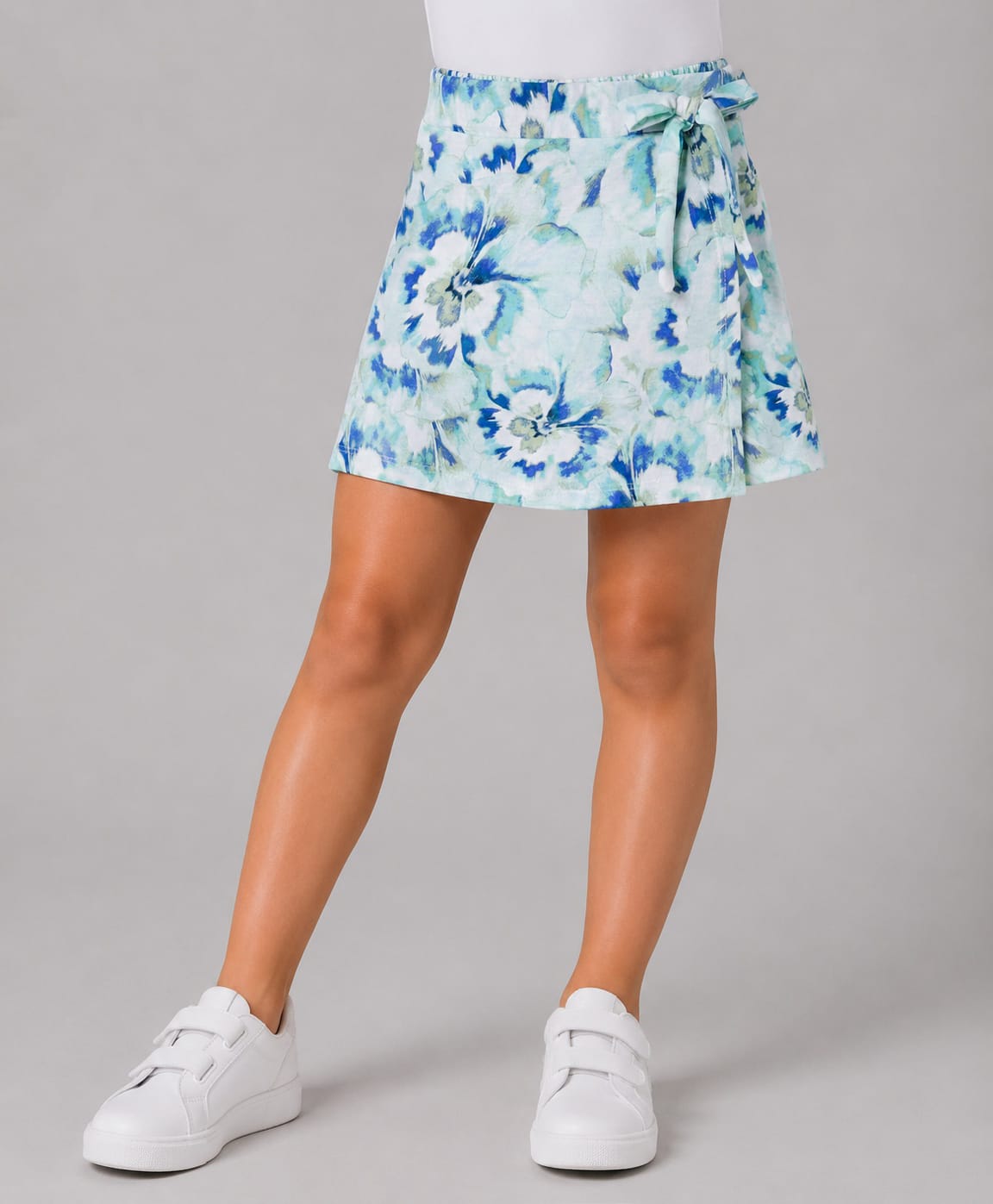 CrayonFlakes Knit Floral Printed Bow Applique Detailed Skort - Green-picture-0