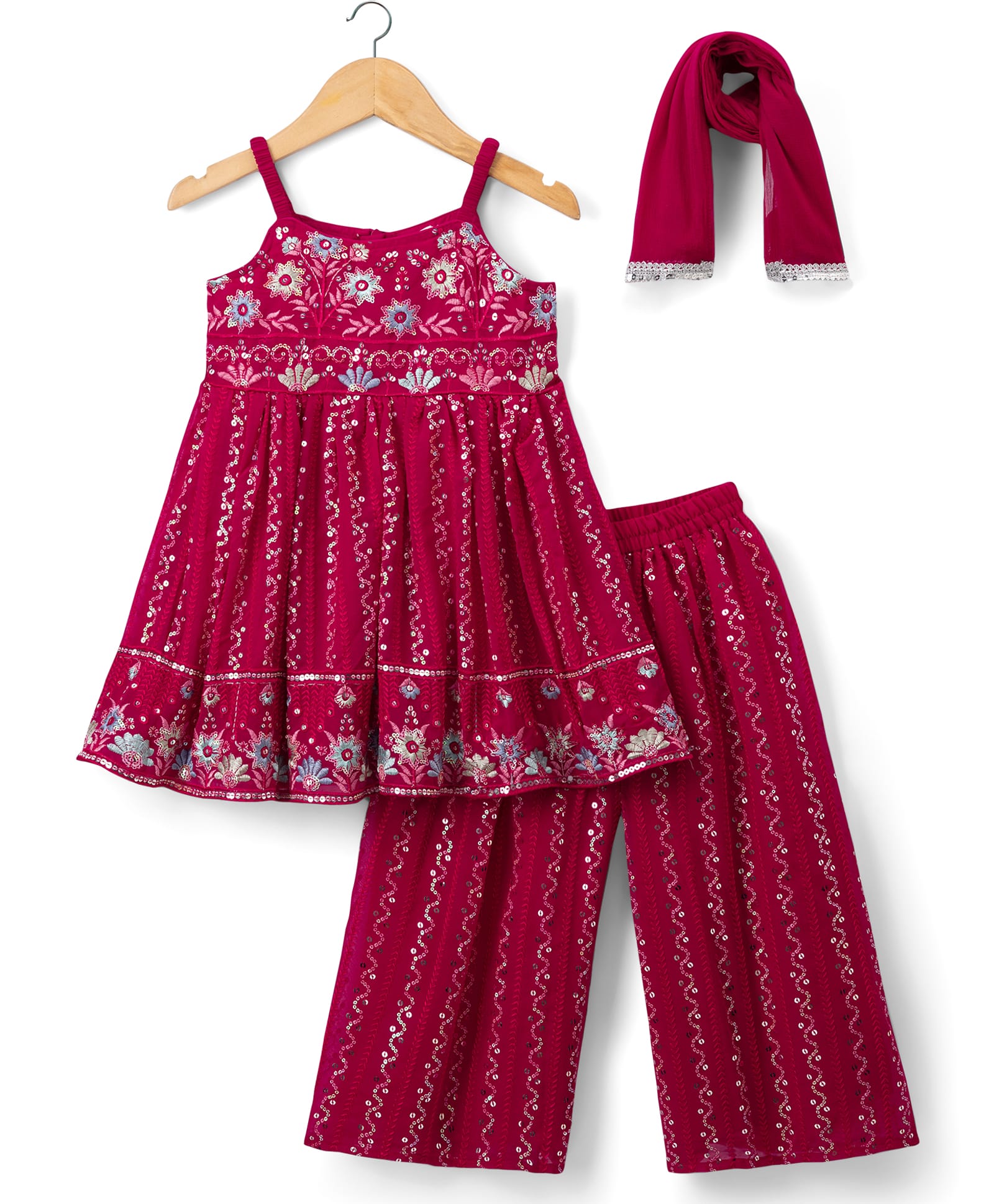 Babyhug Georgette Woven Sleeveless Floral Embroidered Kurti & Sharara Set With Dupatta - Fuchsia-image-13