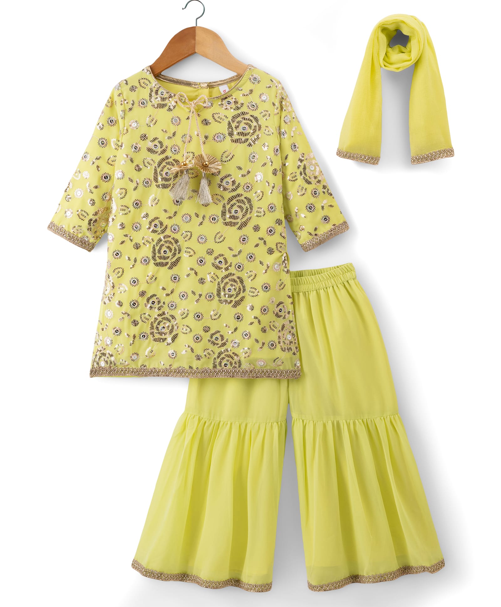 Babyhug Georgette Woven Three Fourth Sleeves Kurti Gharara Set with Sequin Detailing & Dupatta - Lime Green-image-17