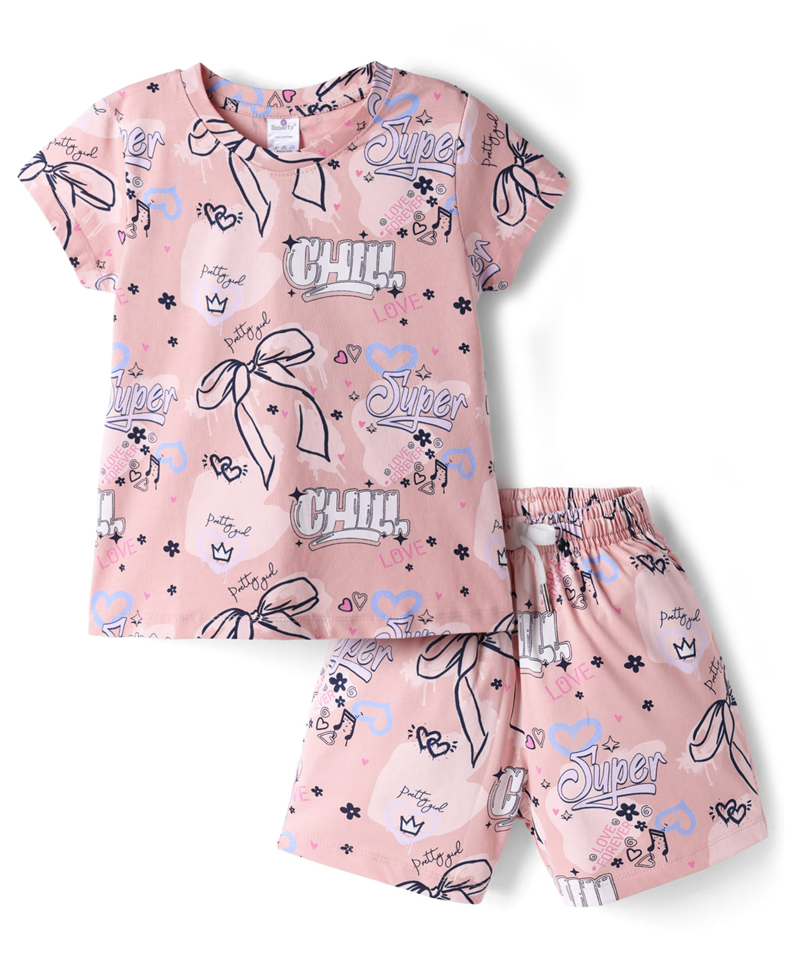 smarty girls Smarty Sinker Knit Half Sleeves Bow & Hearts Printed Co-Ords T-Shirt & Shorts Set - Peach-picture-16