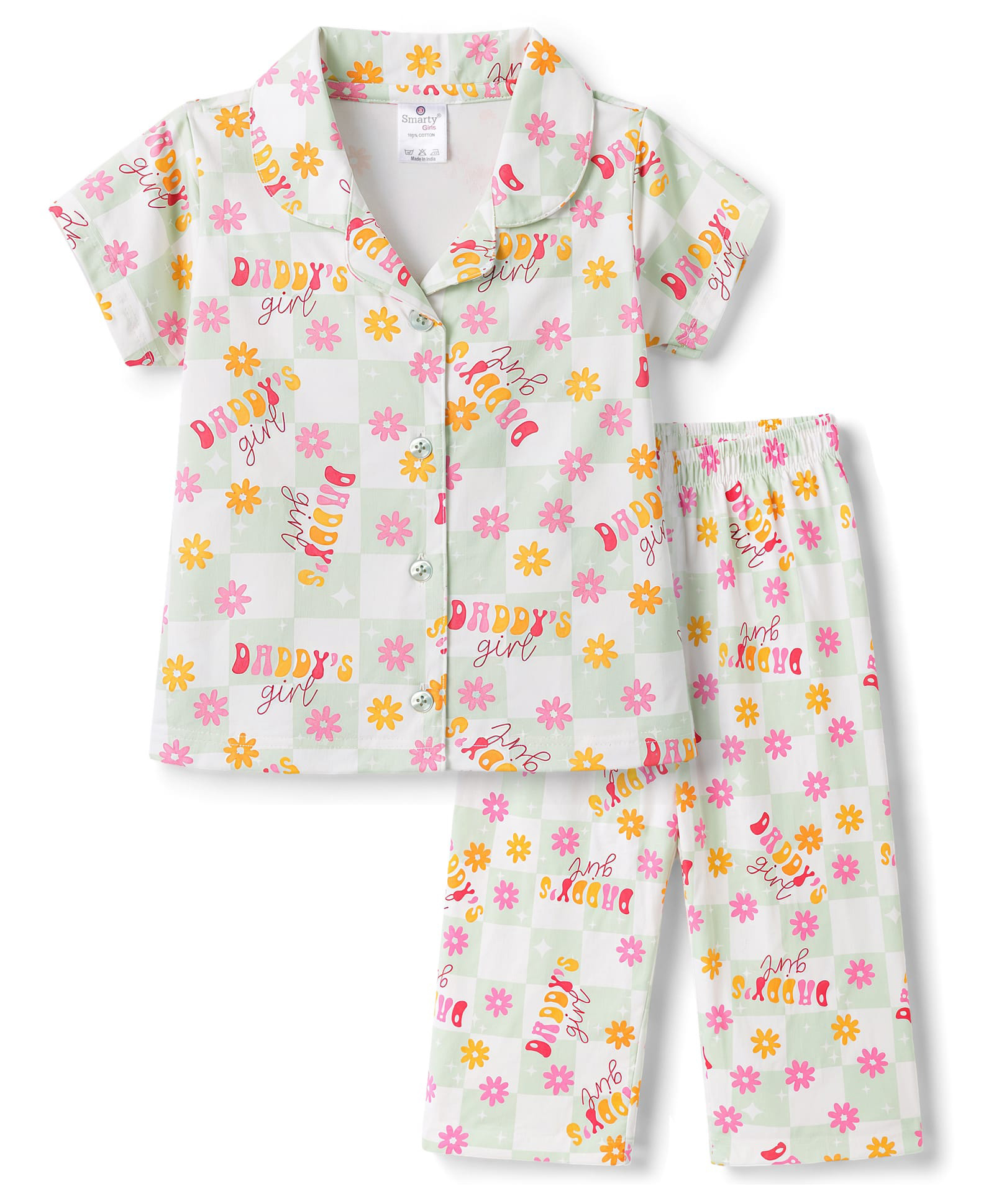 Smarty Girls 100% Cotton Knit Half Sleeves Floral Checked & Text Printed Co-Ords Shirt & Pyjama Night Suit - Light Blue-image-5