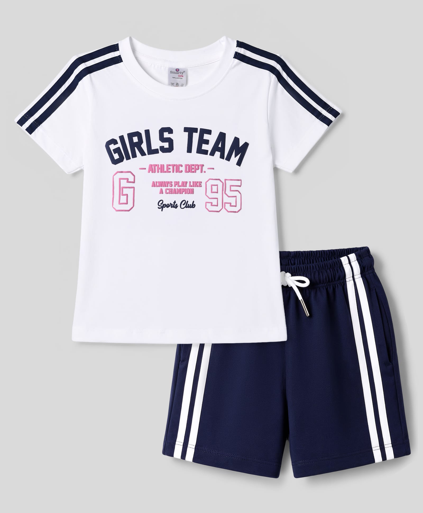 smarty girls Smarty Sinker Knit Half Sleeves Text Printed T-Shirt & Shorts Set - Navy Blue-picture-7