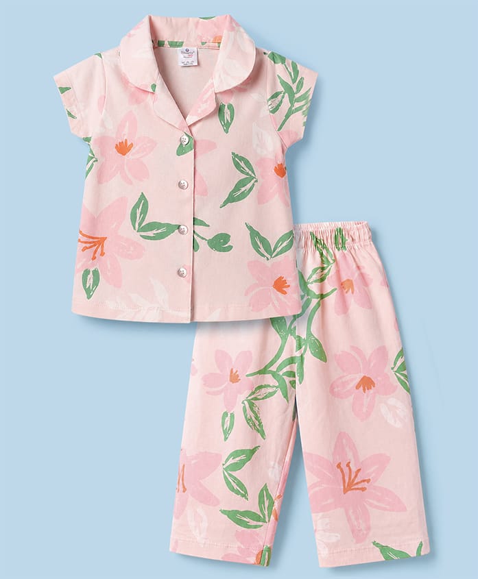 Smarty Girls Sinker Knit Half Sleeves Co-Ords Floral Printed Night Suit - Pink-picture-26