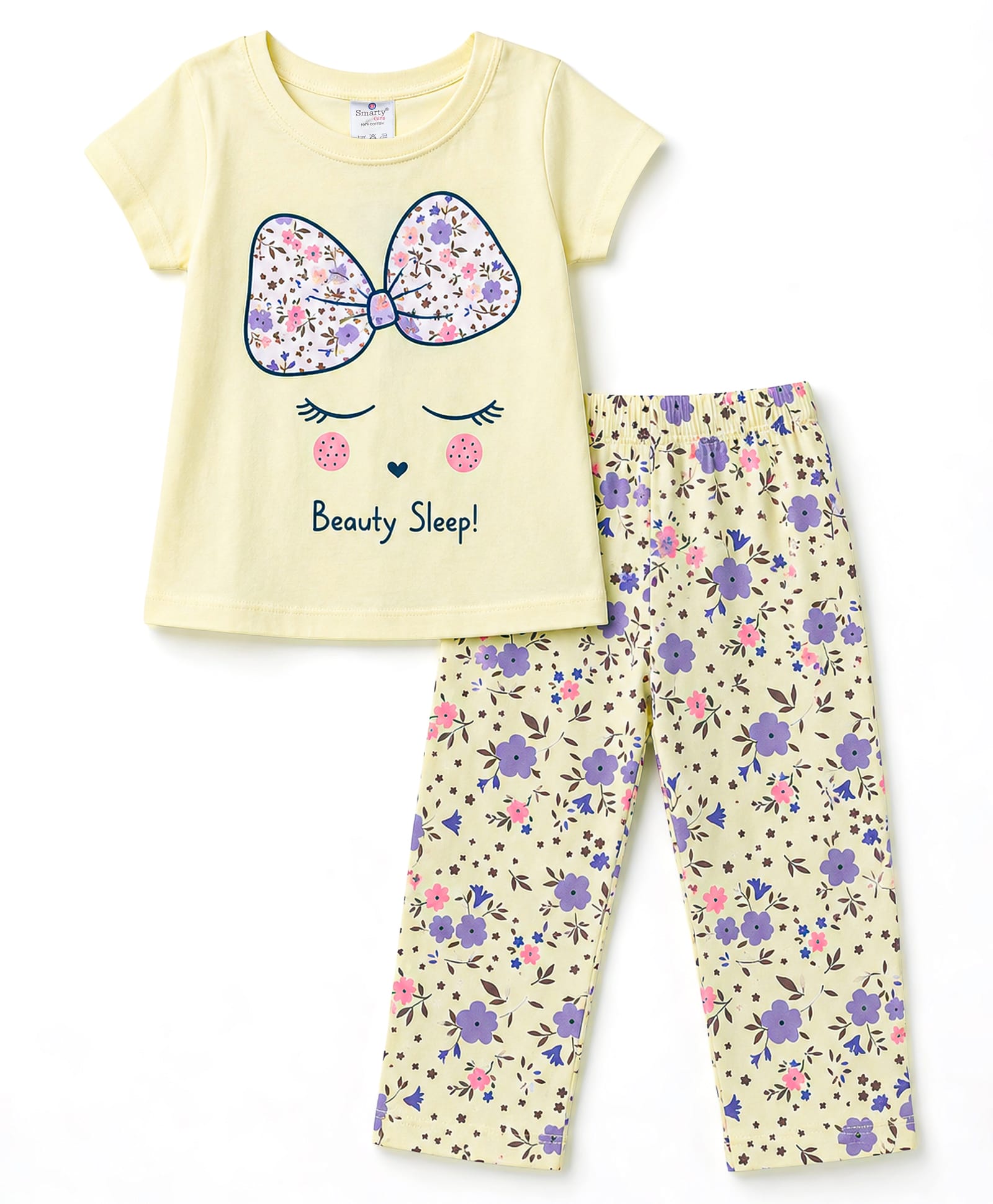 Smarty Girls Sinker Knit Half Sleeves T-Shirt & Pyjama Night Suit Floral Bow Printed - Light Yellow-picture-34