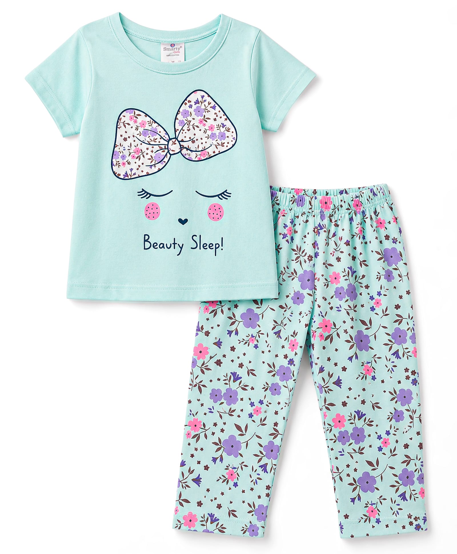 Smarty Girls Sinker Knit Half Sleeves T-Shirt & Pyjama Night Suit Floral Bow Printed - Light Blue-picture-11