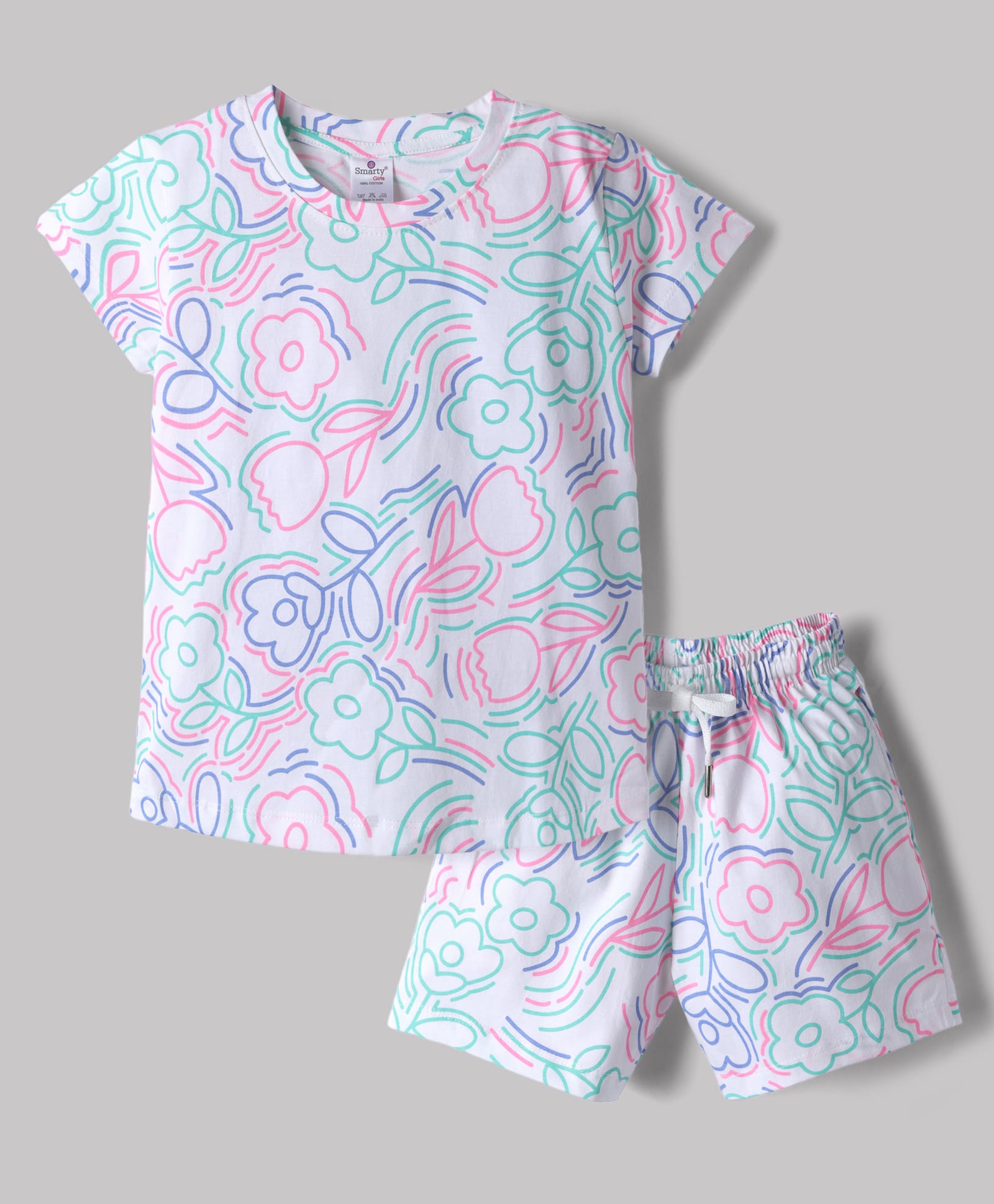Smarty Girls Sinker Knit Half Sleeves T-Shirt & Shorts Co-ord Night Suit with Floral Print - White-picture-28