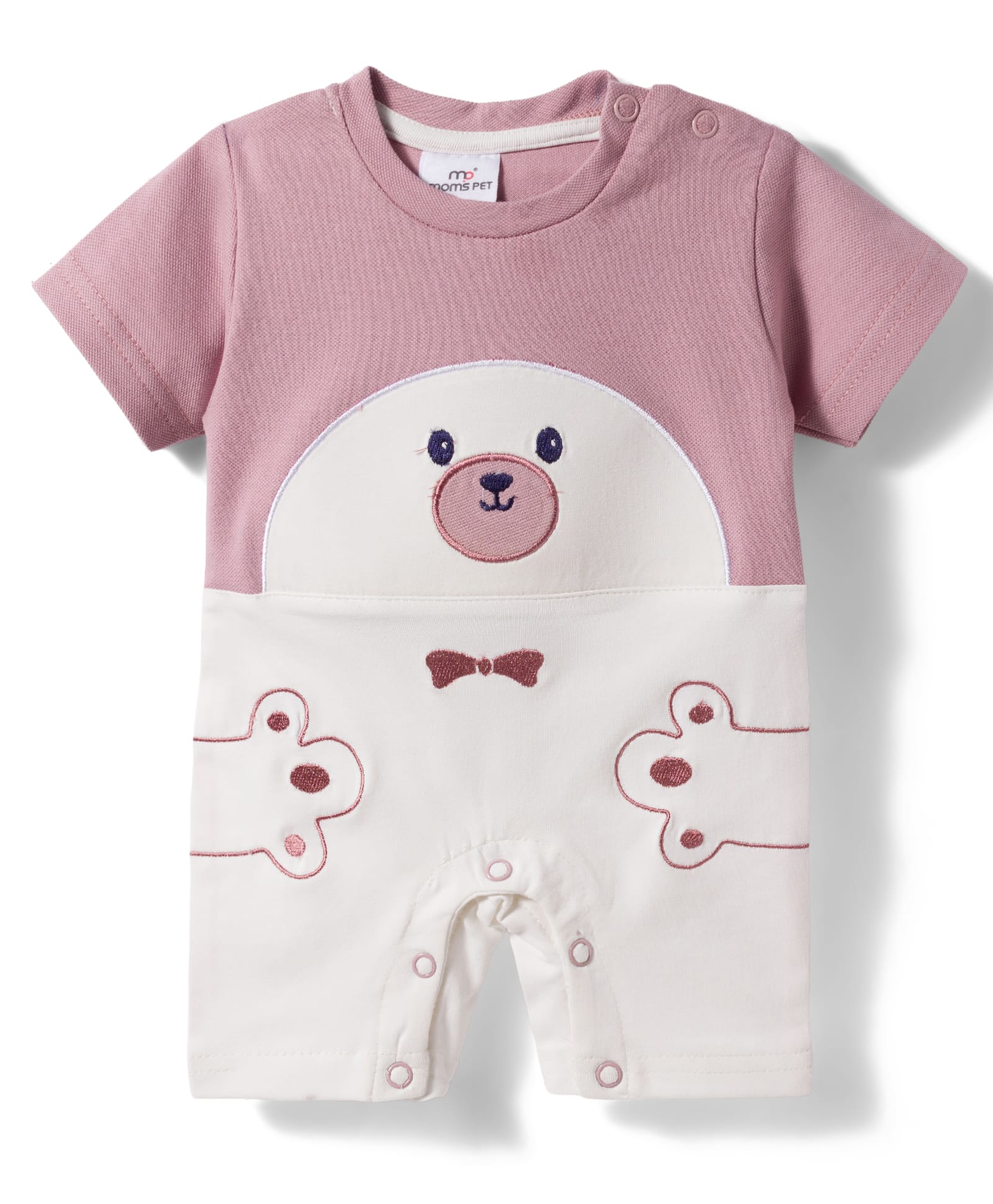 Mom's pet Cotton Knit Half Sleeves Bear Face Embroidered Romper - Dark Pink-picture-36