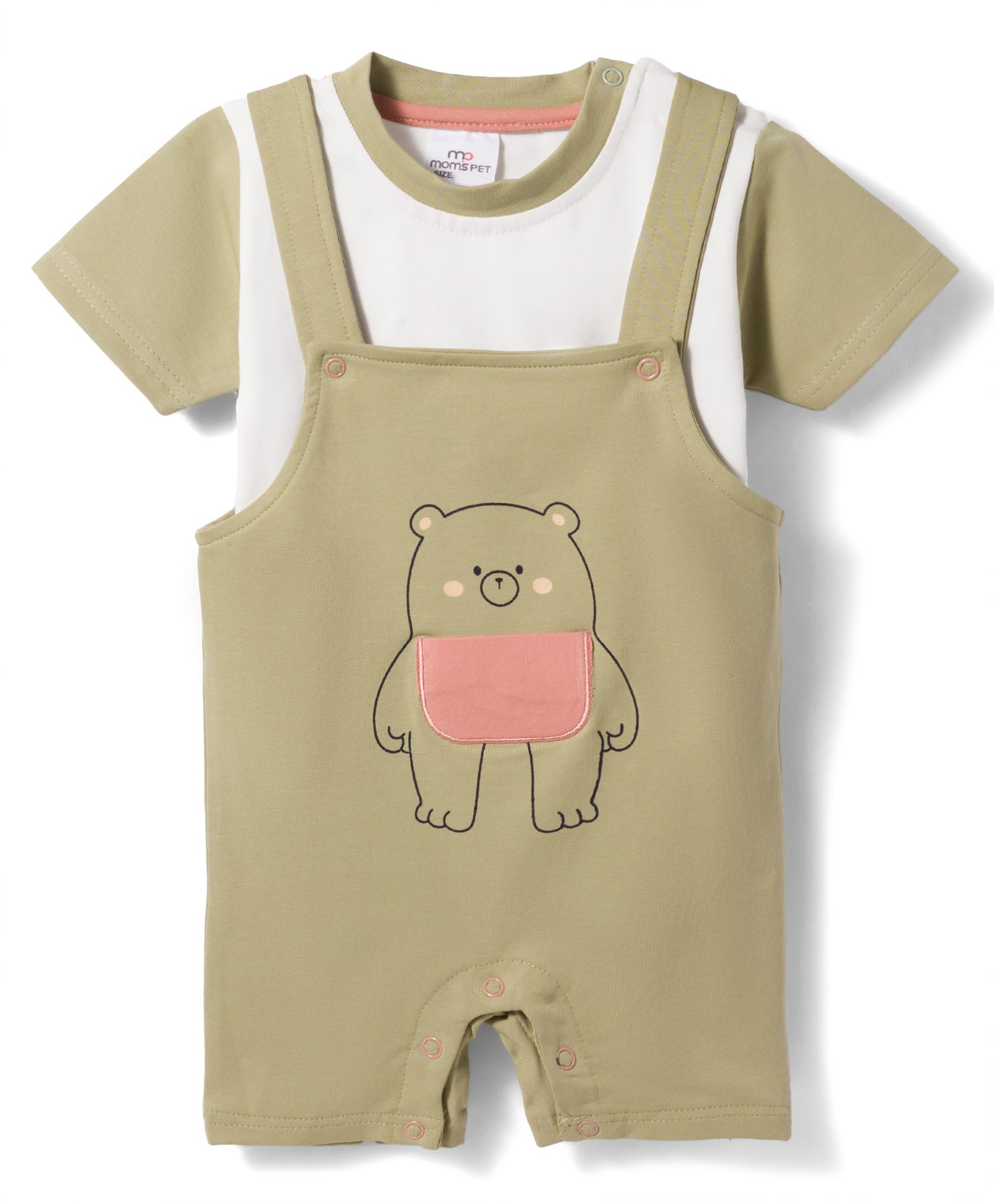 Mom's pet Cotton Knit Half Sleeves Bear Embroidered Dungaree & Colour Blocked Tee - Green-picture-37