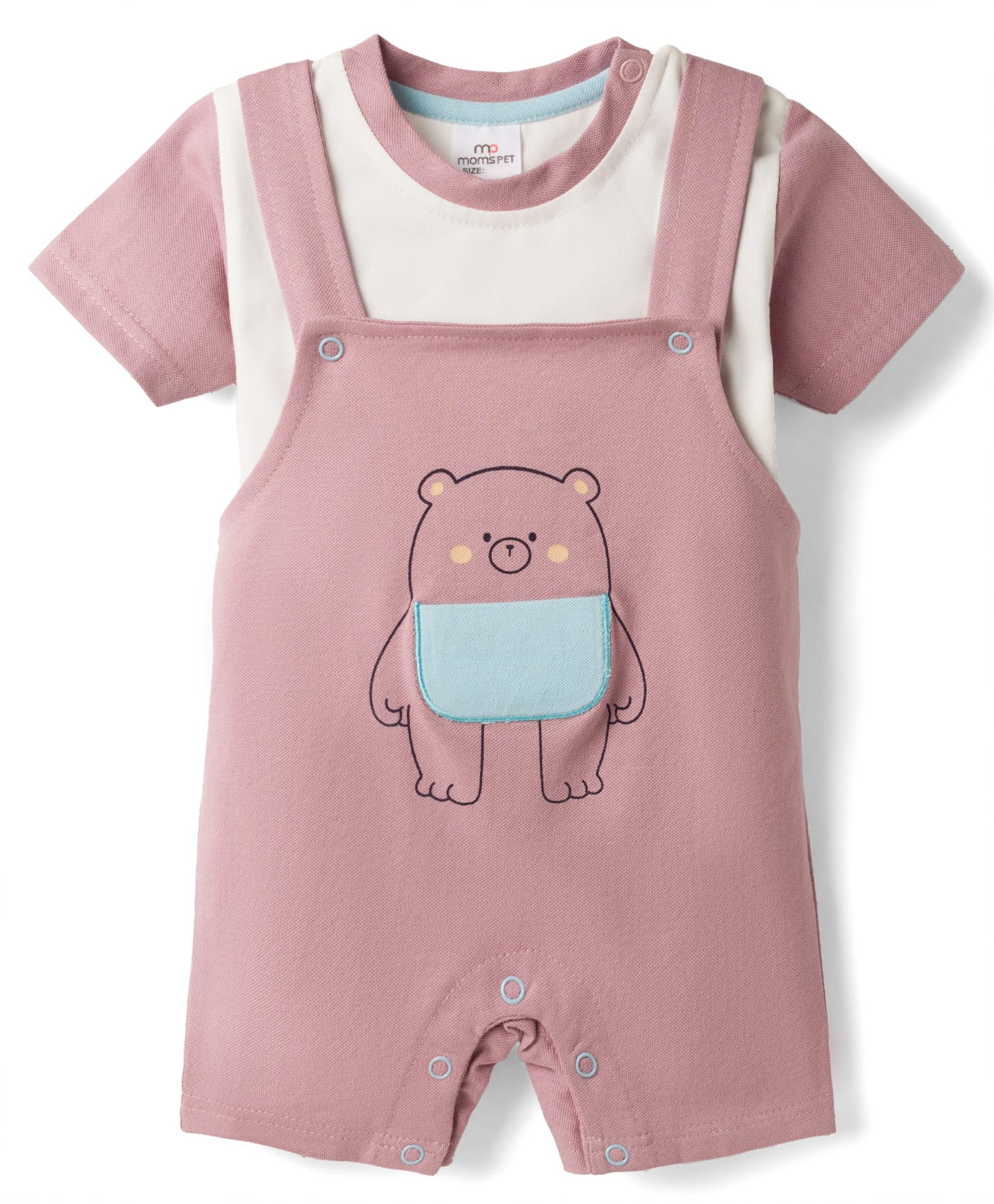 Mom's pet Cotton Knit Half Sleeves Bear Embroidered Dungaree & Colour Blocked Tee - Dark Pink-picture-34