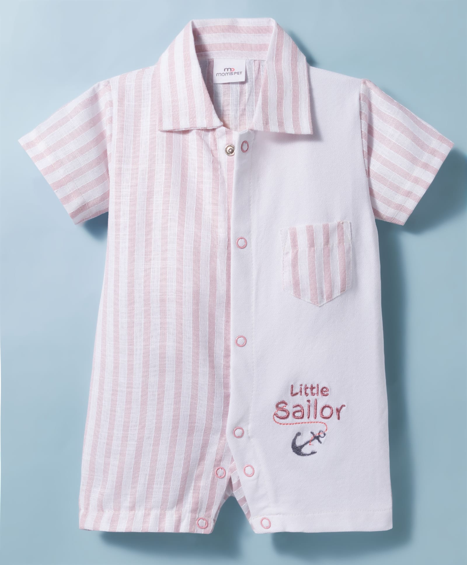 Mom's pet Cotton Woven Half Sleeves Placement Striped & Little Sailor Text Embroidered Romper - Peach-picture-31