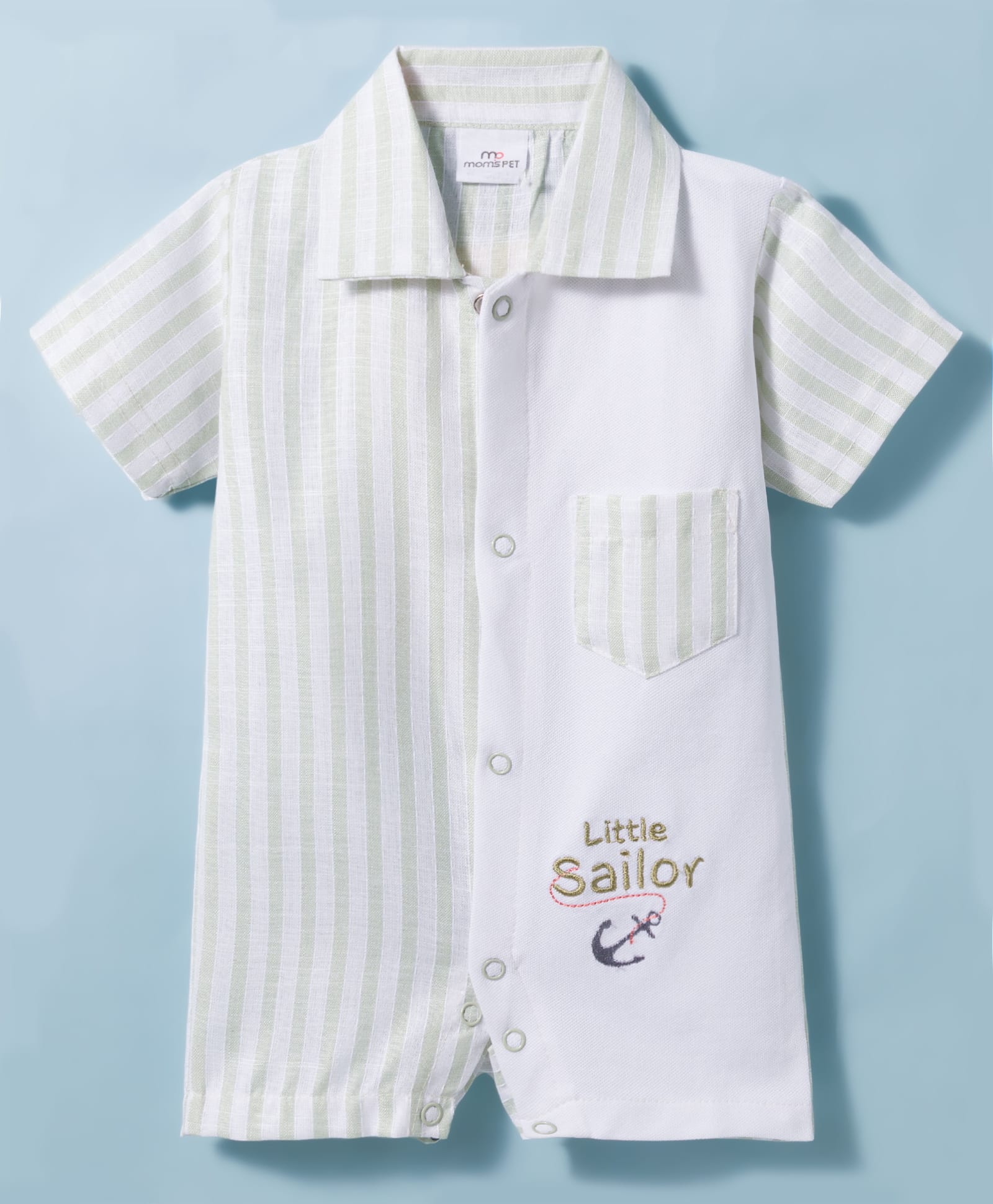 Mom's pet Cotton Woven Half Sleeves Placement Striped & Little Sailor Text Embroidered Romper - Green-picture-43