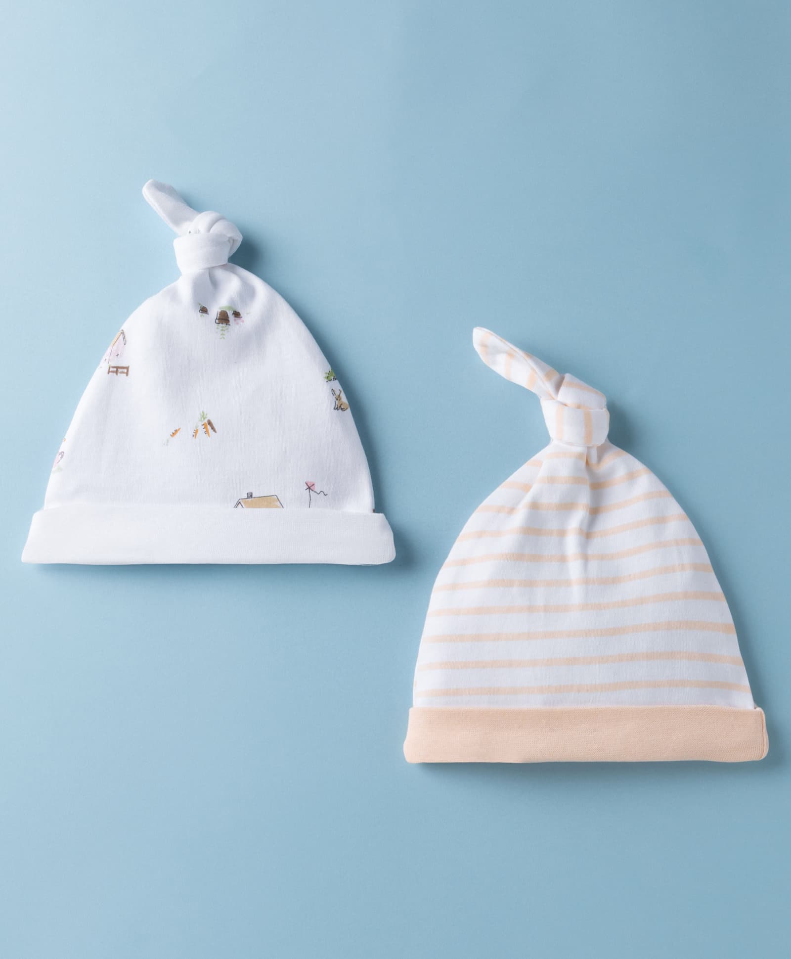 Babyhug 100% Cotton Interlock Knit Striped Baby Caps with Farm Theme Print White Pack of 2 - Diameter 15 cm-image-31