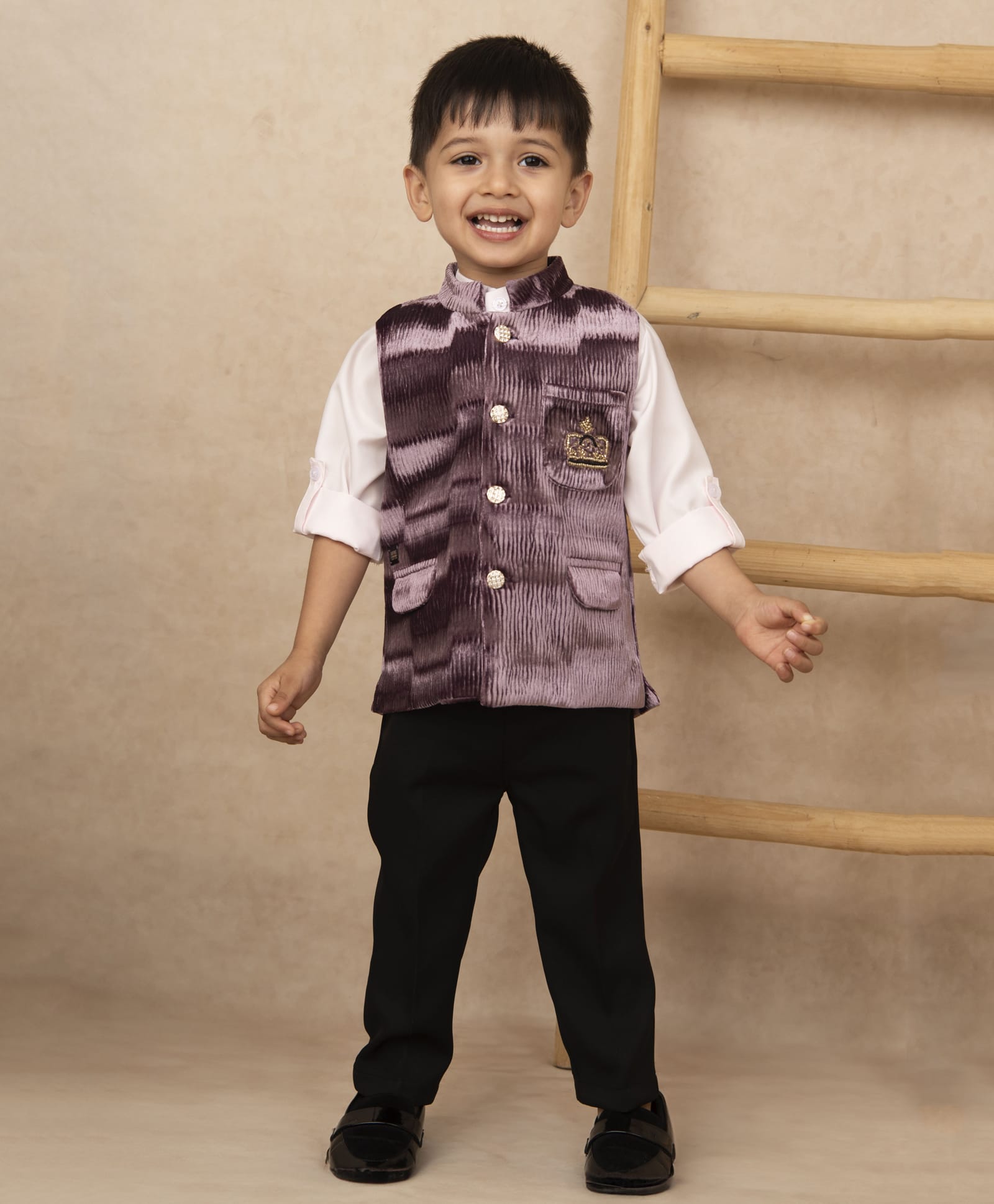 LITTLE COLLARS Velvet Woven Full Sleeves Shirt & Pant With Textured & Beads Embellished Crown Design Nehru Jacket - Burgundy-image-16