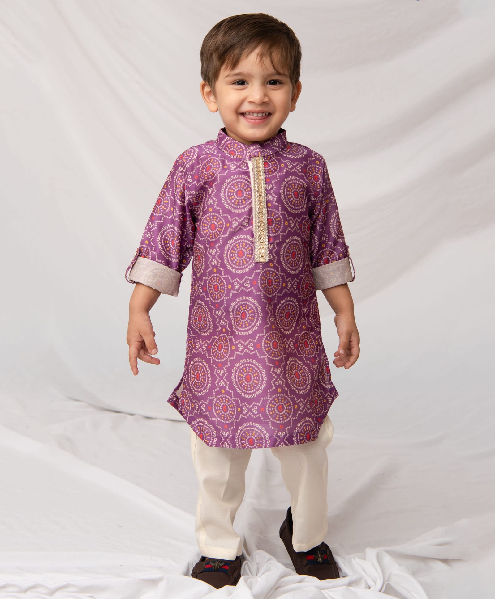 LITTLE COLLARS Woven Full Sleeves Ethnic Motifs Bandhani Printed Kurta Pyjama Set - Purple-picture-4
