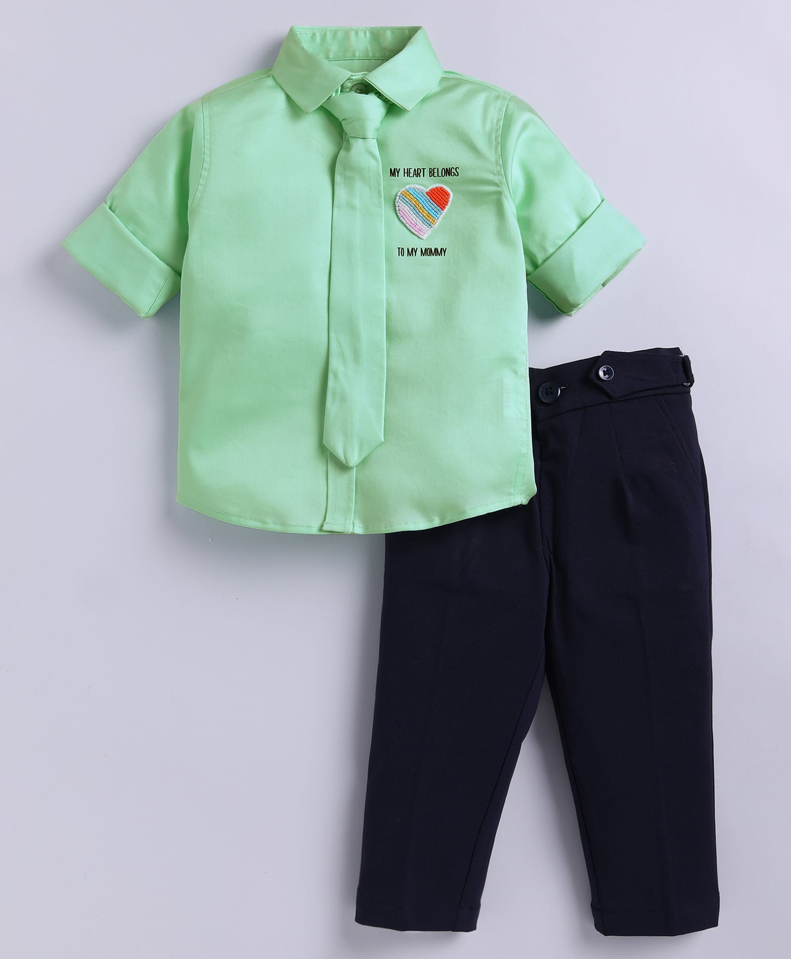 LITTLE COLLARS Cotton Blend Woven Half Sleeves Heart Designed Beads Embellished Shirt & Pant Set With Tie - Green-image-29