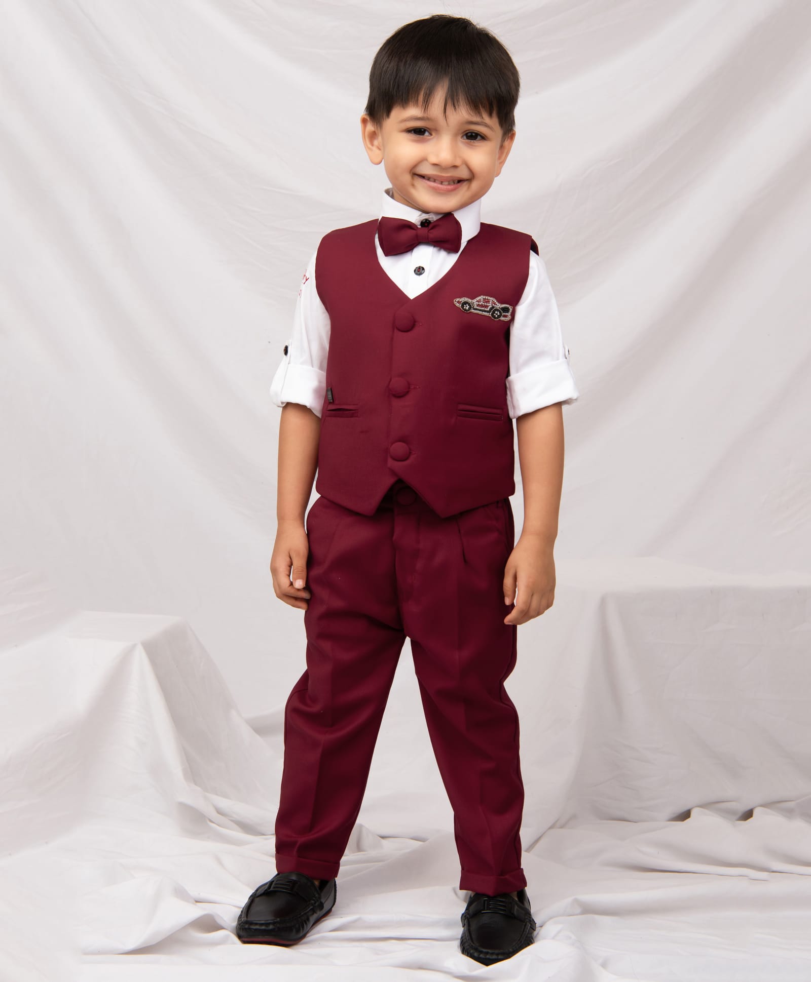 LITTLE COLLARS Blended Woven Full Sleeves Solid 3 Piece Party Suit Set With Bow - Red-picture-7
