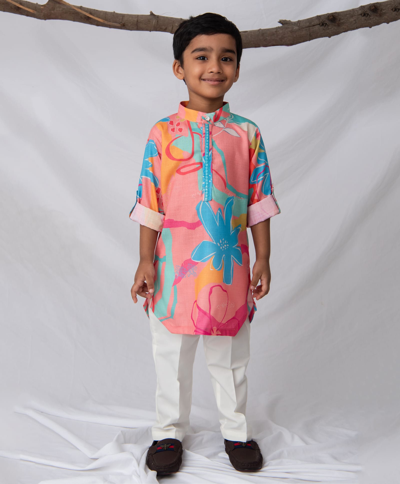 LITTLE COLLARS Woven Full Sleeves Floral Printed Kurta & Pyjama Set - Peach-picture-21
