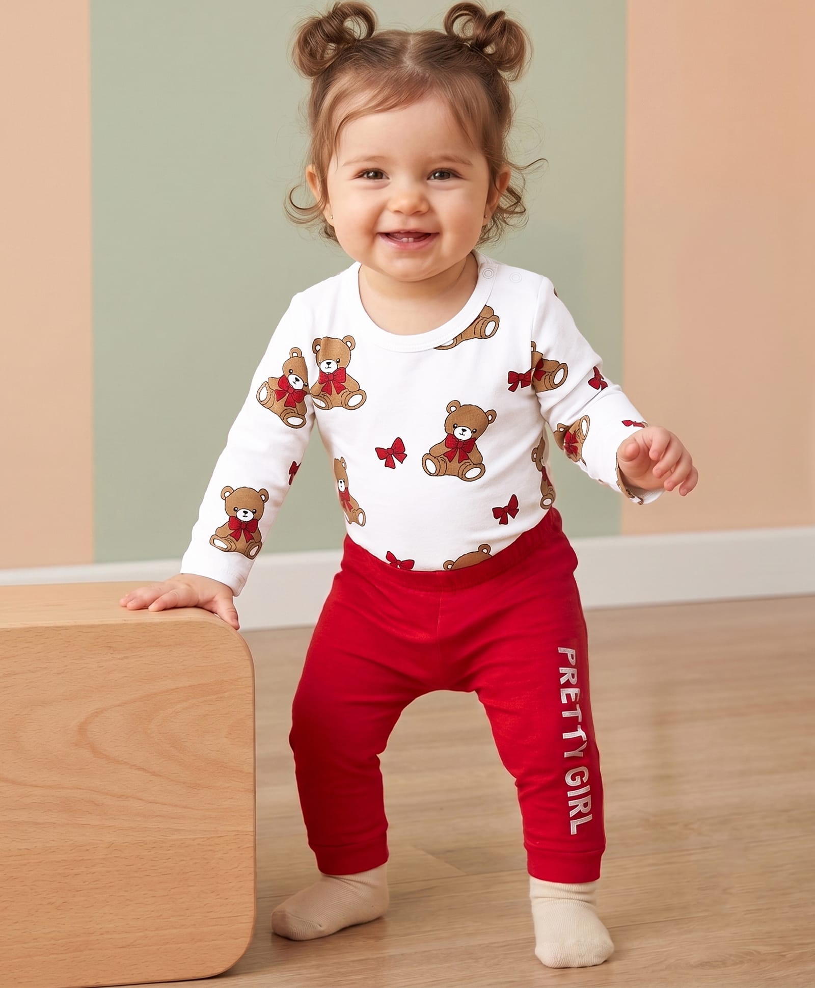 Doodle Poodle Interlock 100% Cotton Knit Full Sleeves Bear & Bow Printed Onesie With Diaper Leggings - White & Red-picture-23